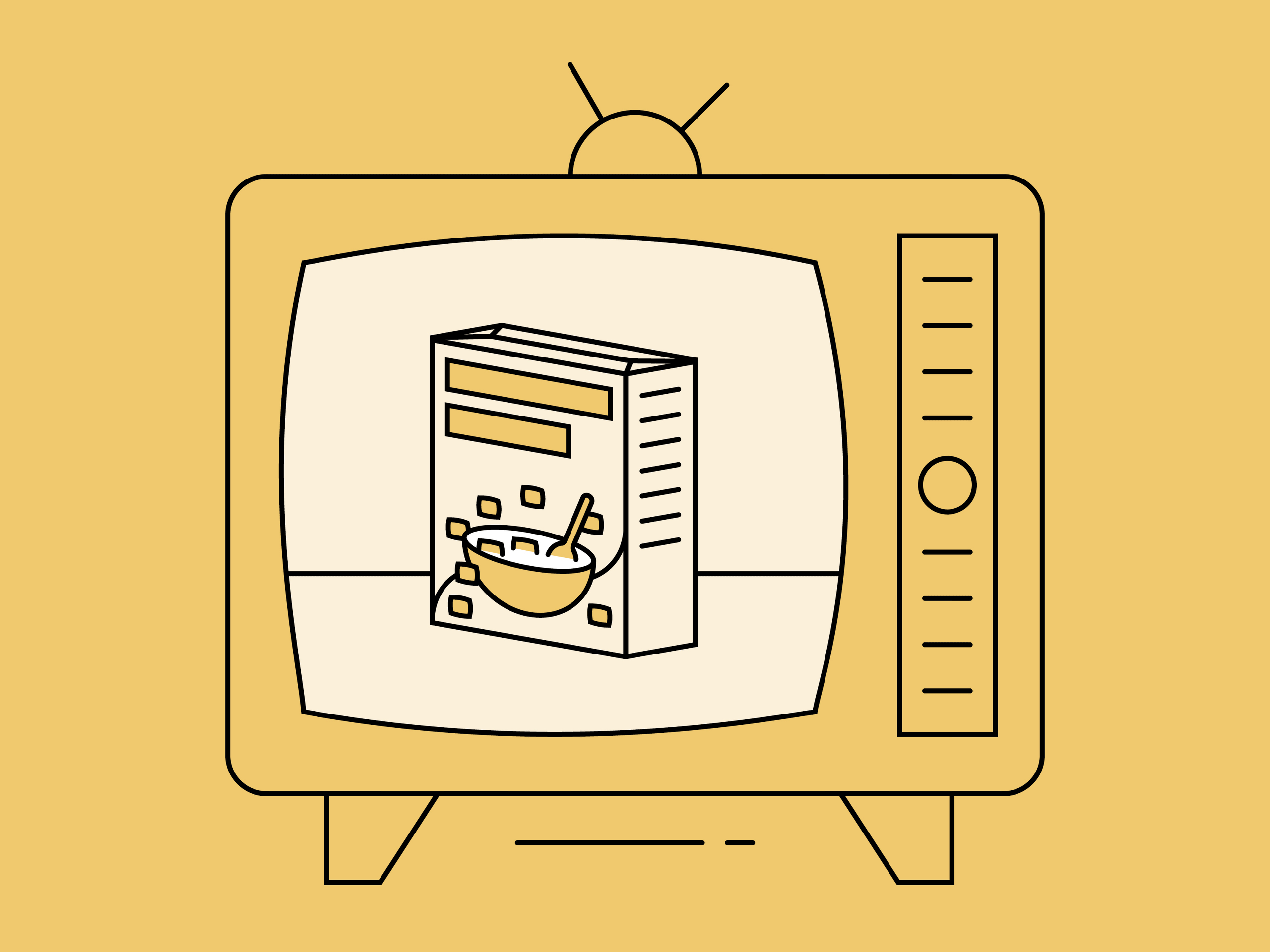 Minimalist line illustration of a retro television displaying a cereal box on its screen.