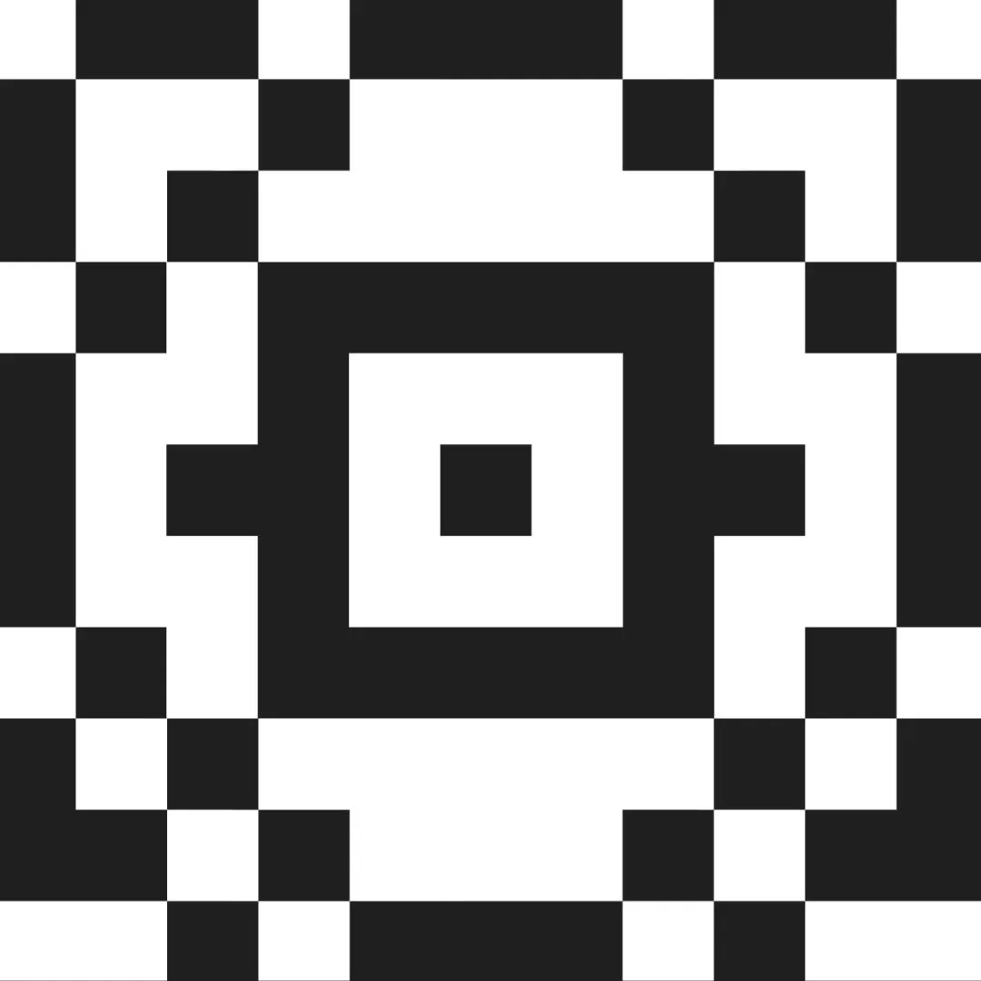 Black and white pixelated geometric pattern of concentric squares around a small central square, with a checkered border.