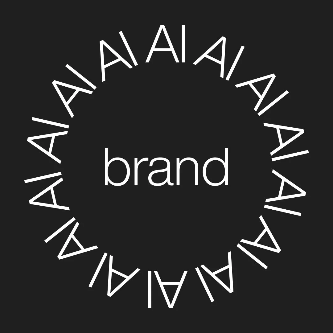 White lowercase word "brand" centered inside a circle of repeating white "AI" text on a black background.