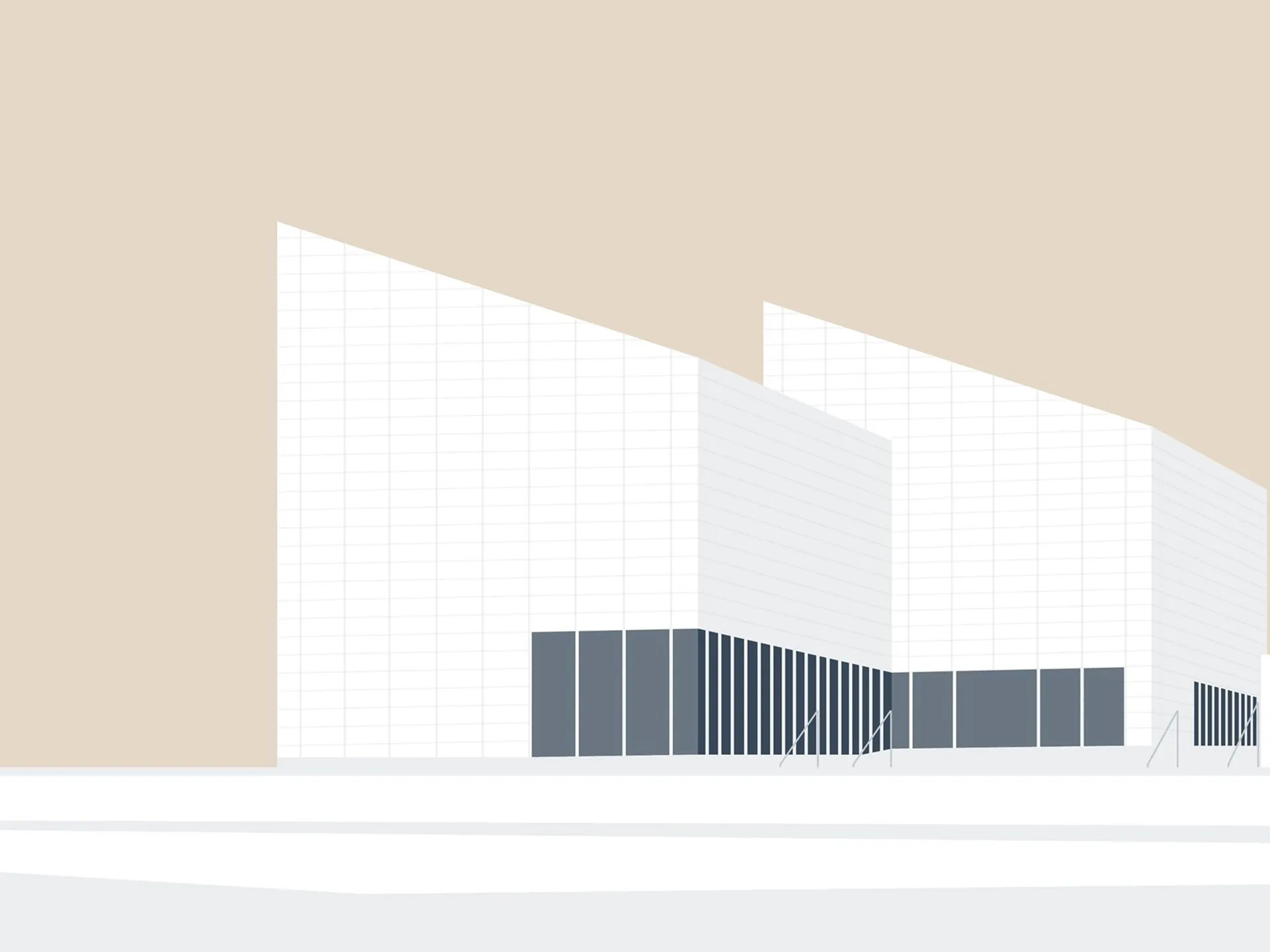 Minimalist illustration of modern angular buildings with white grid-patterned facades, sloped roofs, and dark gray lower windows against a beige background.