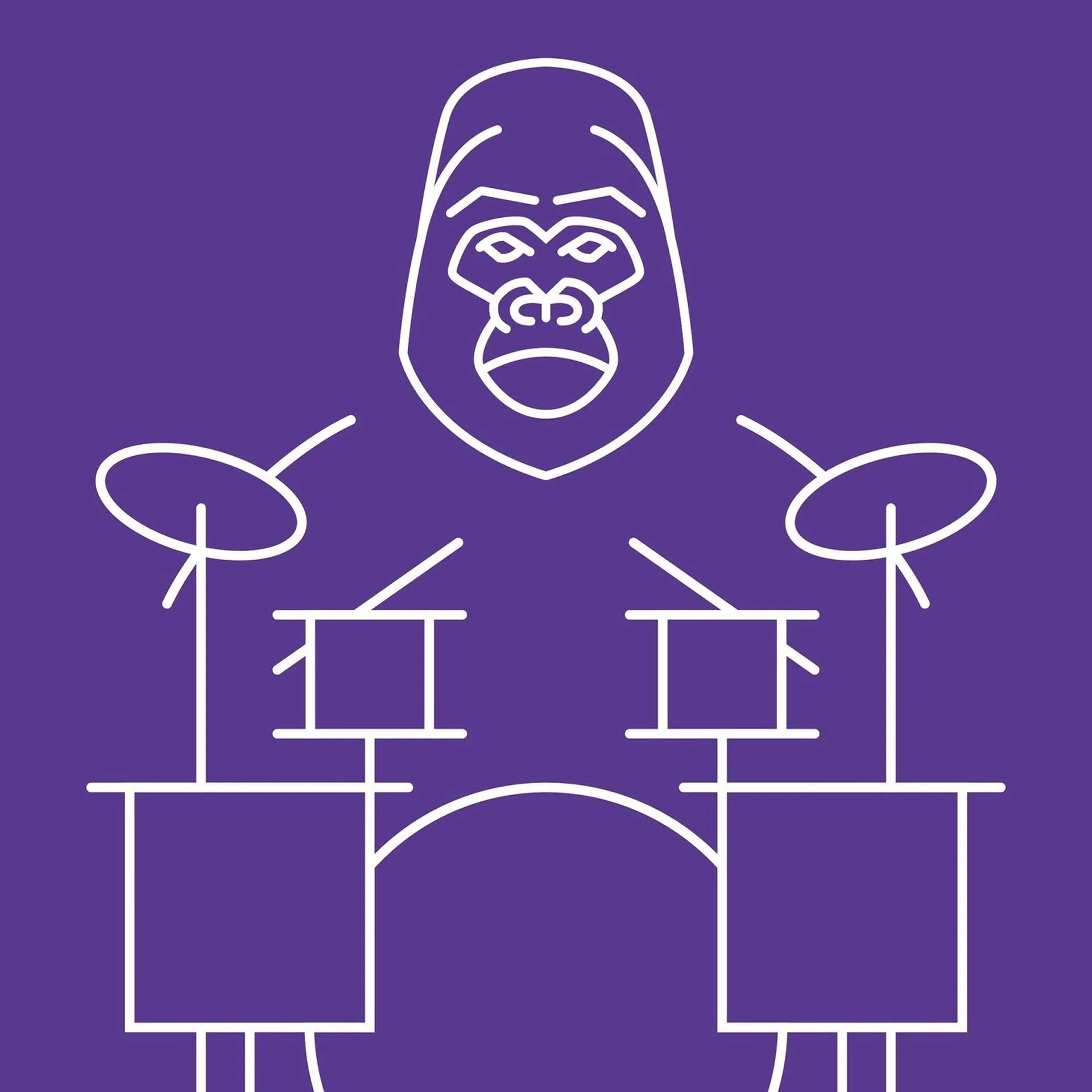 White line art illustration of a gorilla head behind a drum set on a purple background.