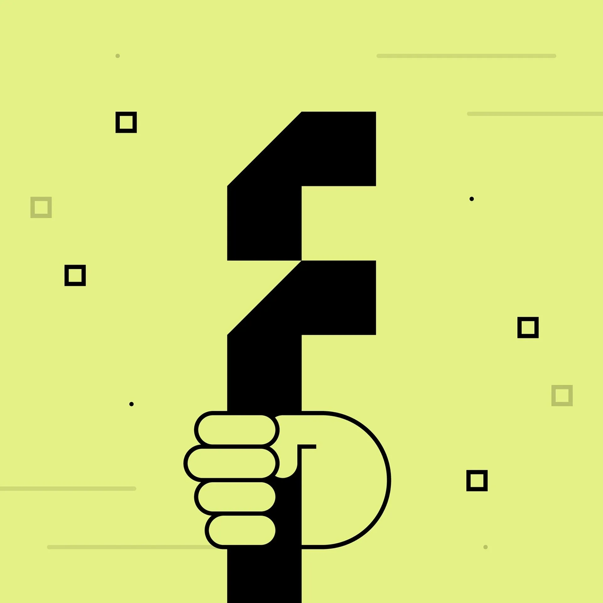 Minimalist illustration of a hand gripping a stylized black pipe wrench against a light green background with geometric accents.