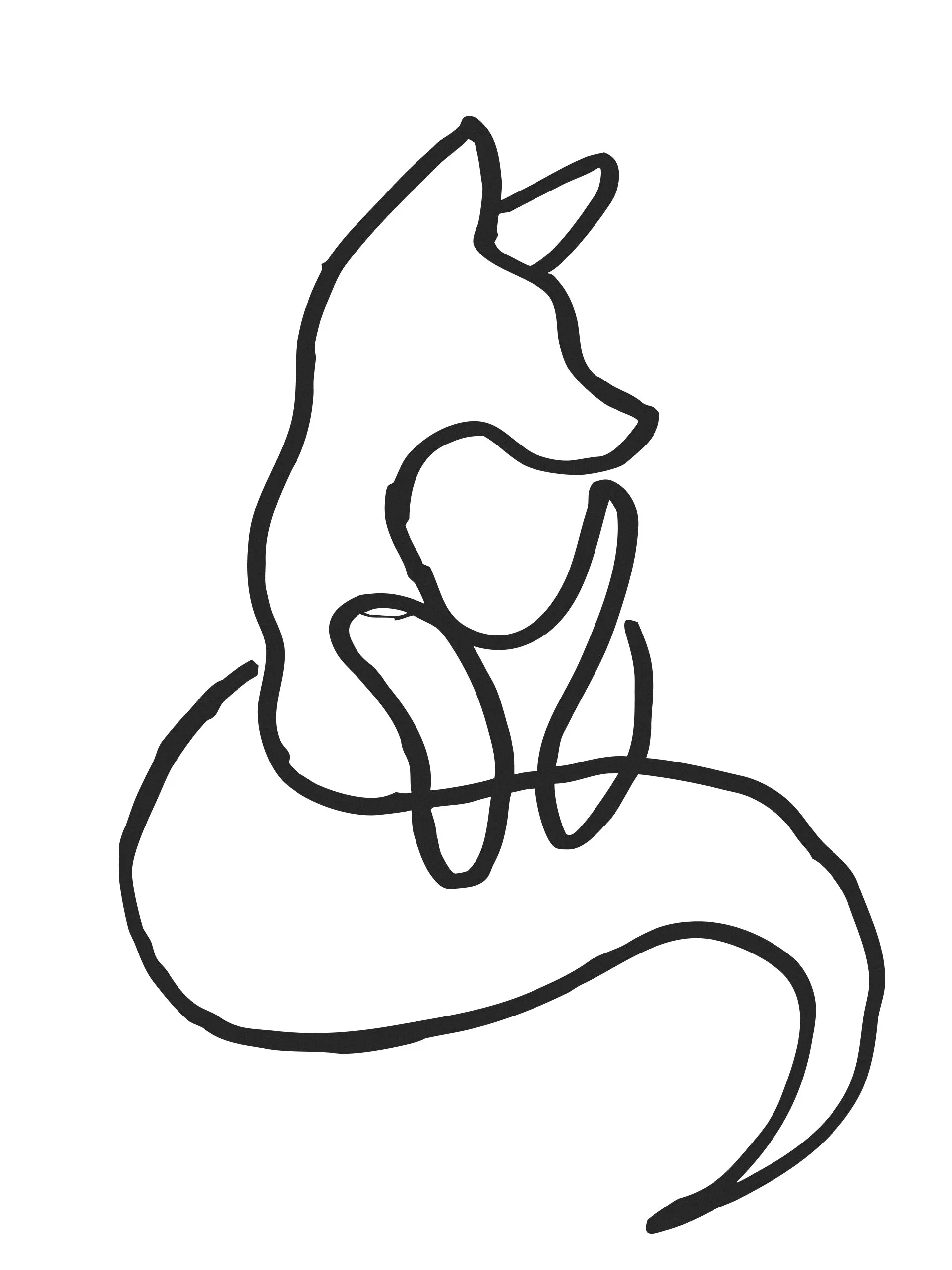 Minimalist black line drawing of a seated fox on a white background.