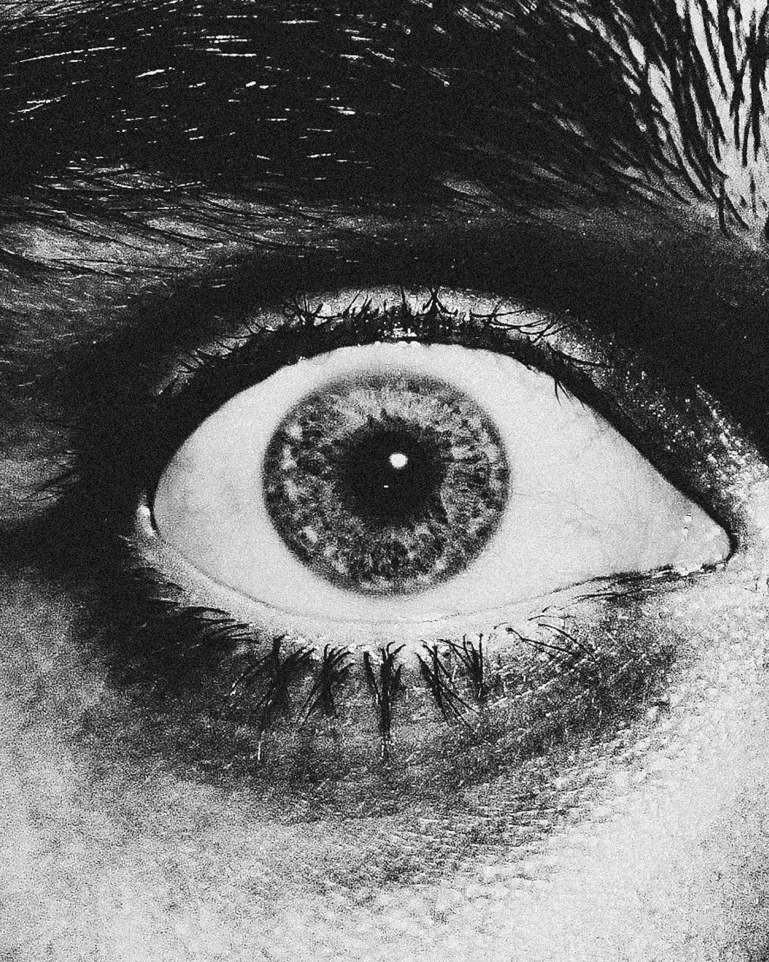 Black and white close-up of a human eye with visible eyelashes, a textured iris, and a bright reflection in the pupil.