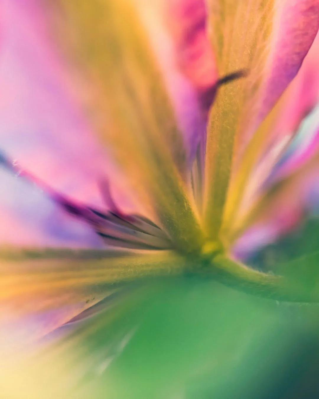 Macro close-up of pink and purple flower petals radiating from a green veined base, with soft blur.