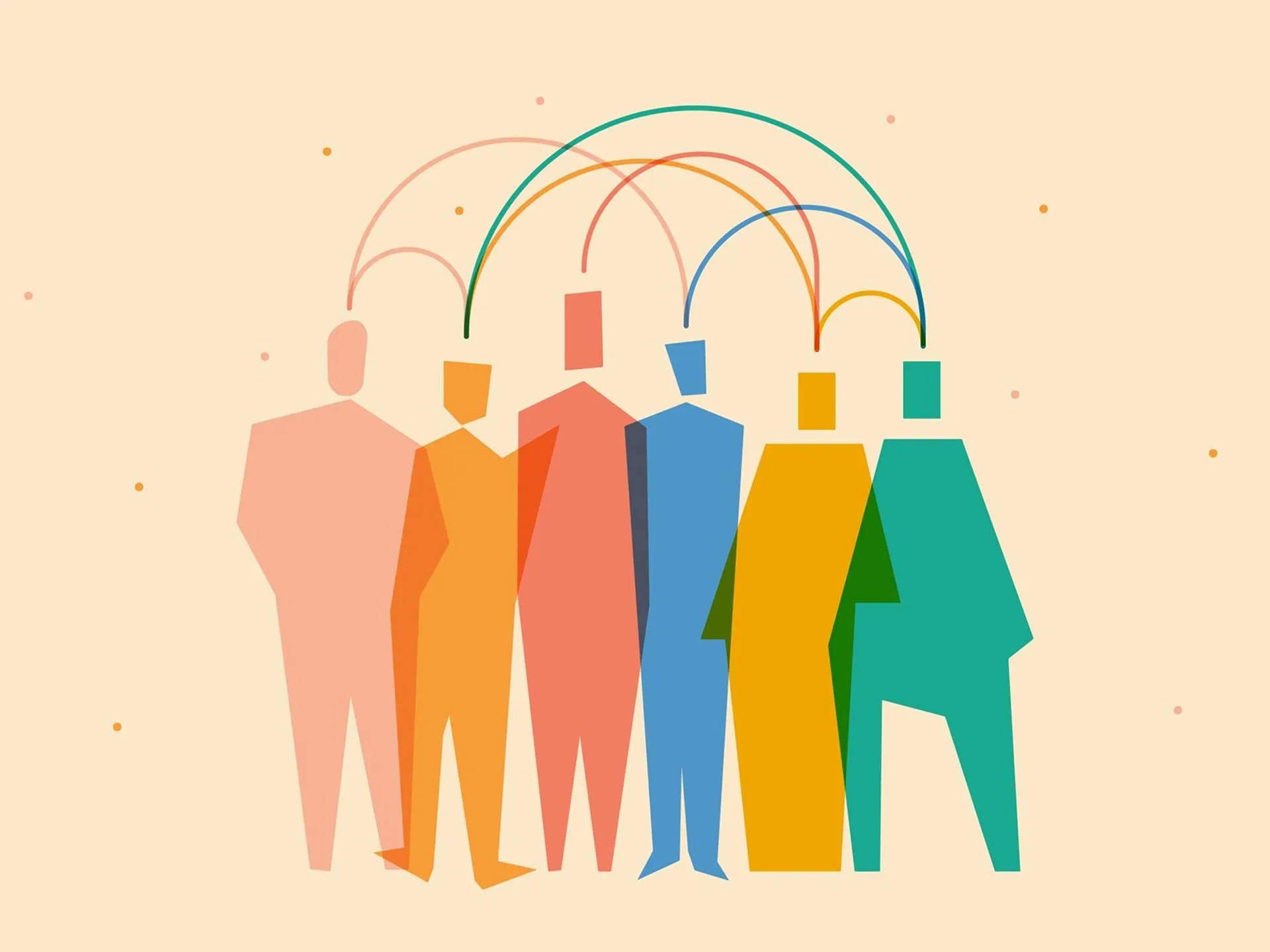 Minimalist illustration of six colorful geometric figures connected to each other by curved arched lines extending from their heads.