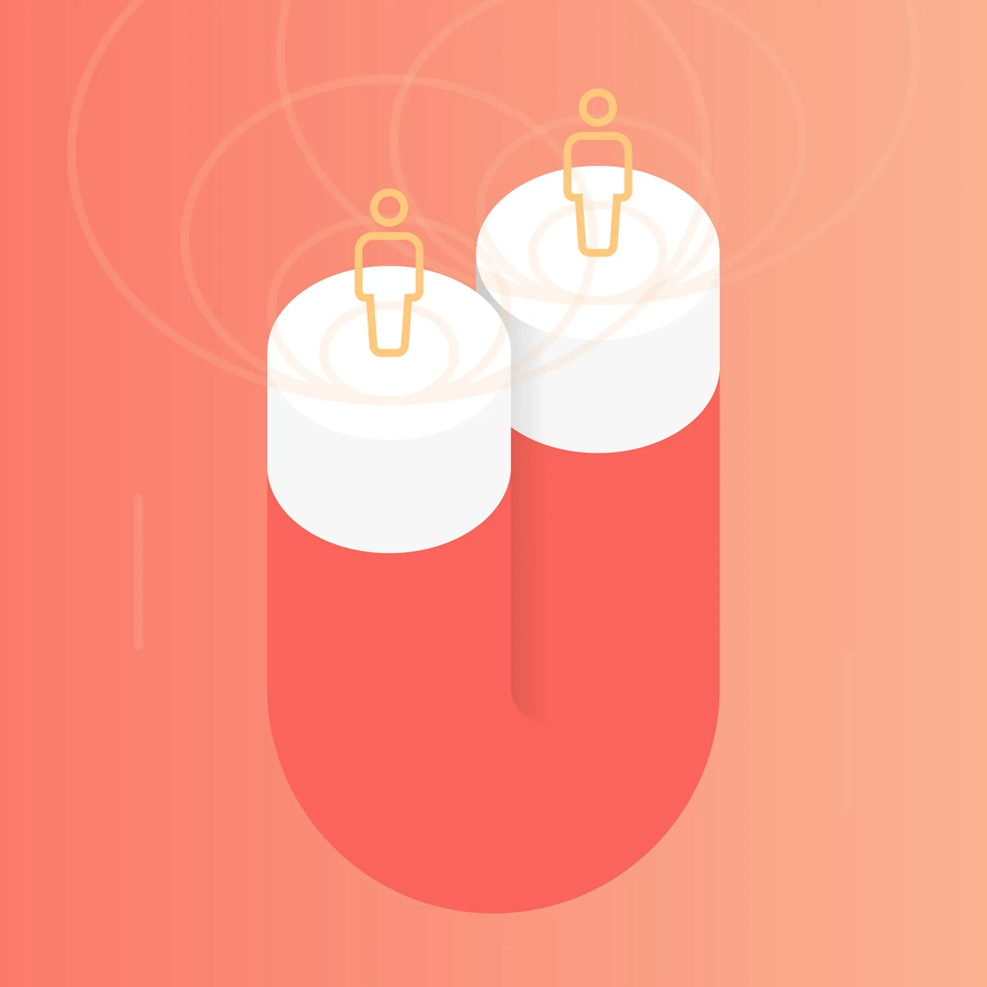 Vector illustration of a red horseshoe magnet with two person icons on its poles emitting radiating magnetic field lines on an orange gradient background.