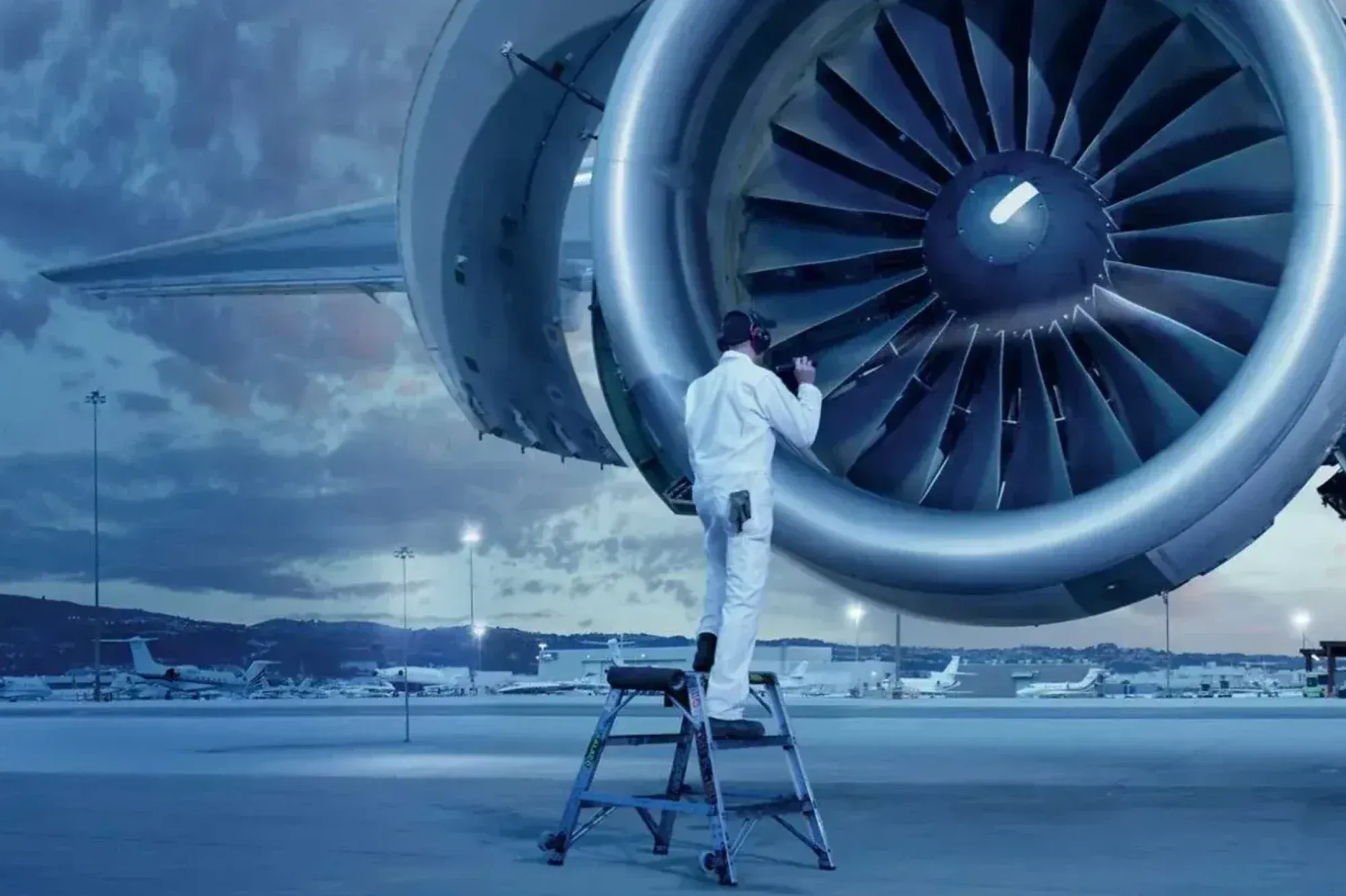An engineer in white overalls on a stepladder inspecting a jet engine on an airfield at dusk