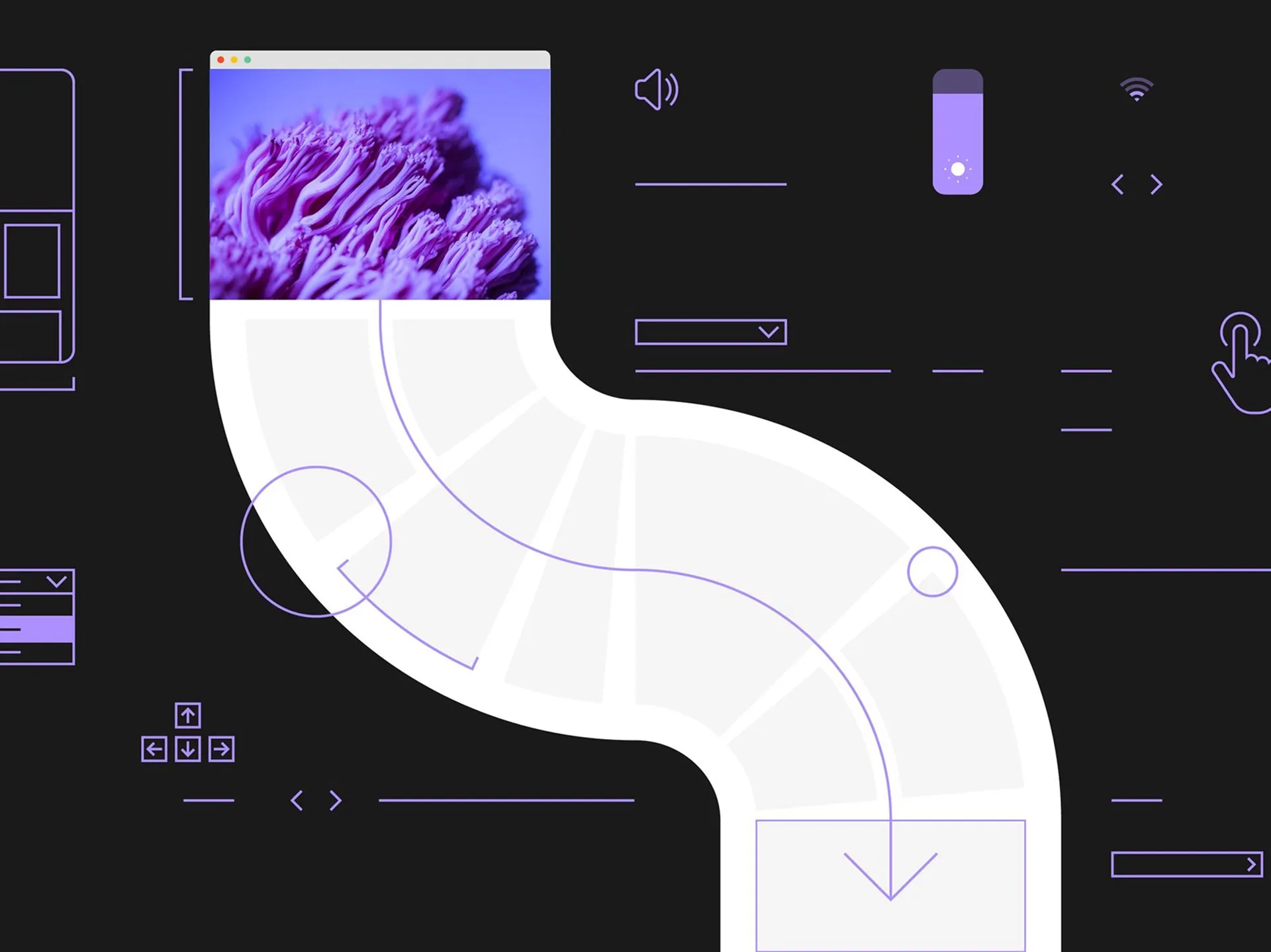 Digital illustration on a dark background showing a winding white path extending downward from a browser window with a photo of purple coral, surrounded by purple UI wireframes and interface icons.