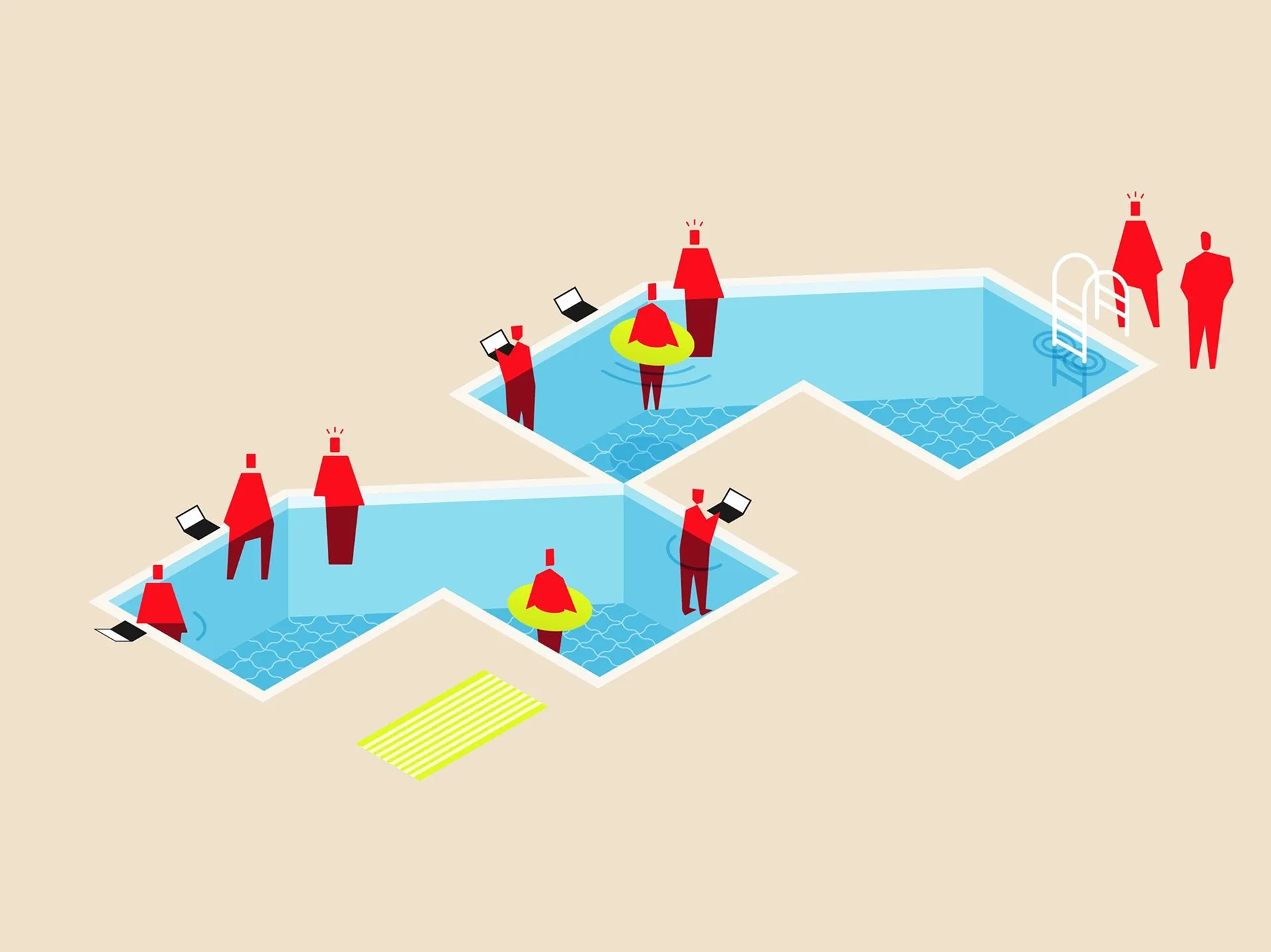Illustration of stylized red figures working on laptops in and around a zigzag-shaped swimming pool, some wearing swim rings.