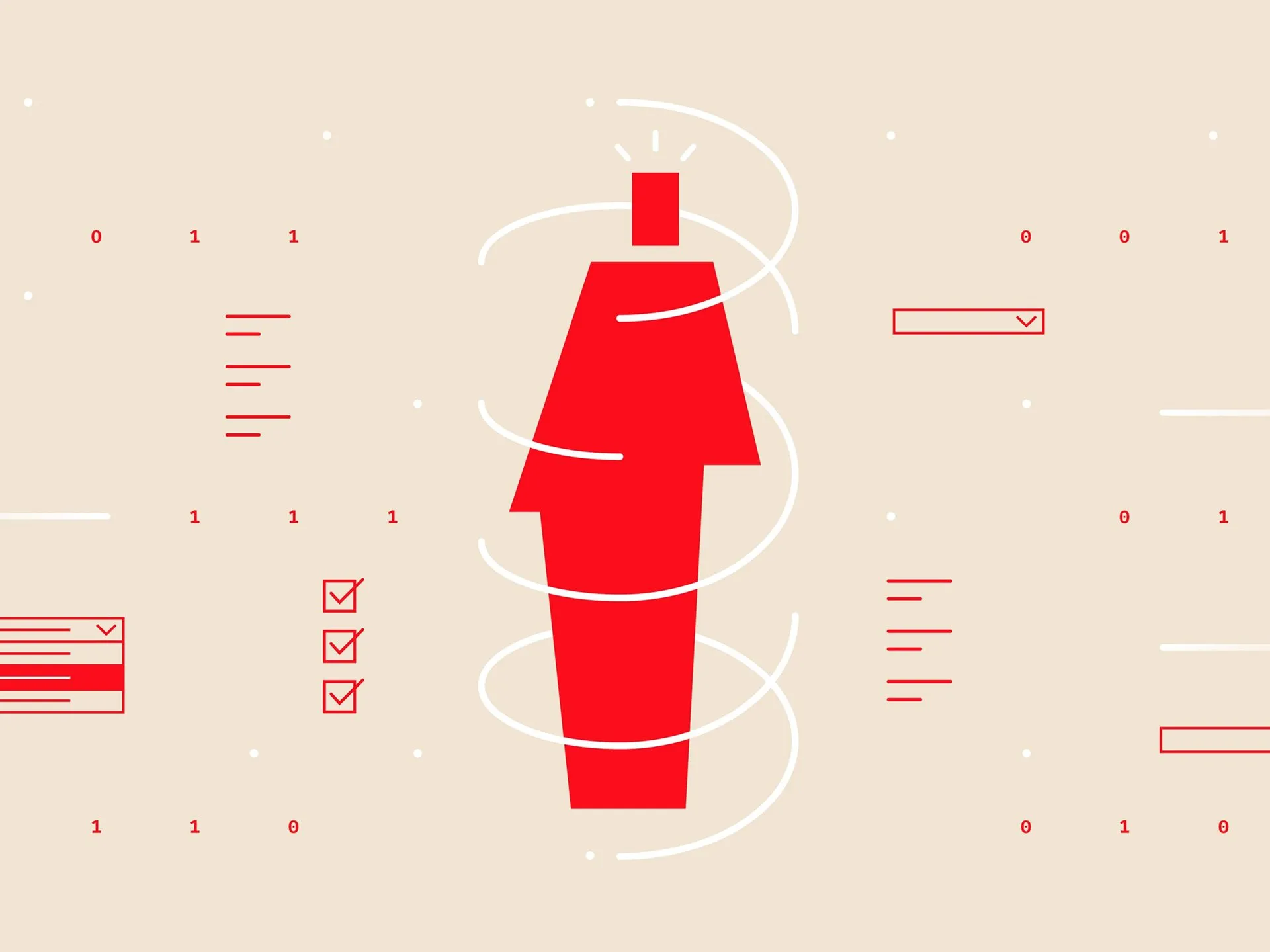 Abstract illustration of a red geometric figure encircled by white spiral lines, surrounded by digital interface elements like binary code, checkboxes, and menu bars on a beige background.