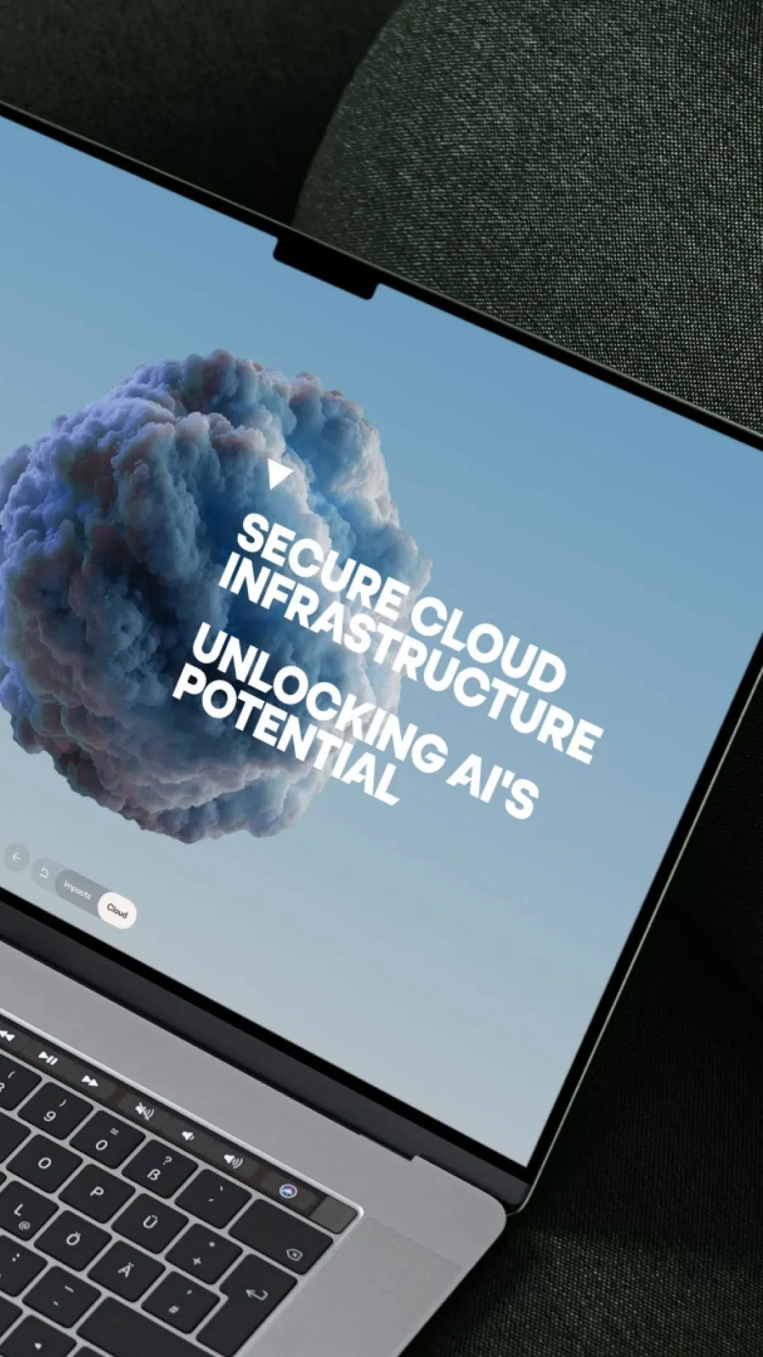 A laptop on a dark textured surface displays a screen with a large blue cloud graphic and white text reading Secure Cloud Infrastructure Unlocking AI's Potential.