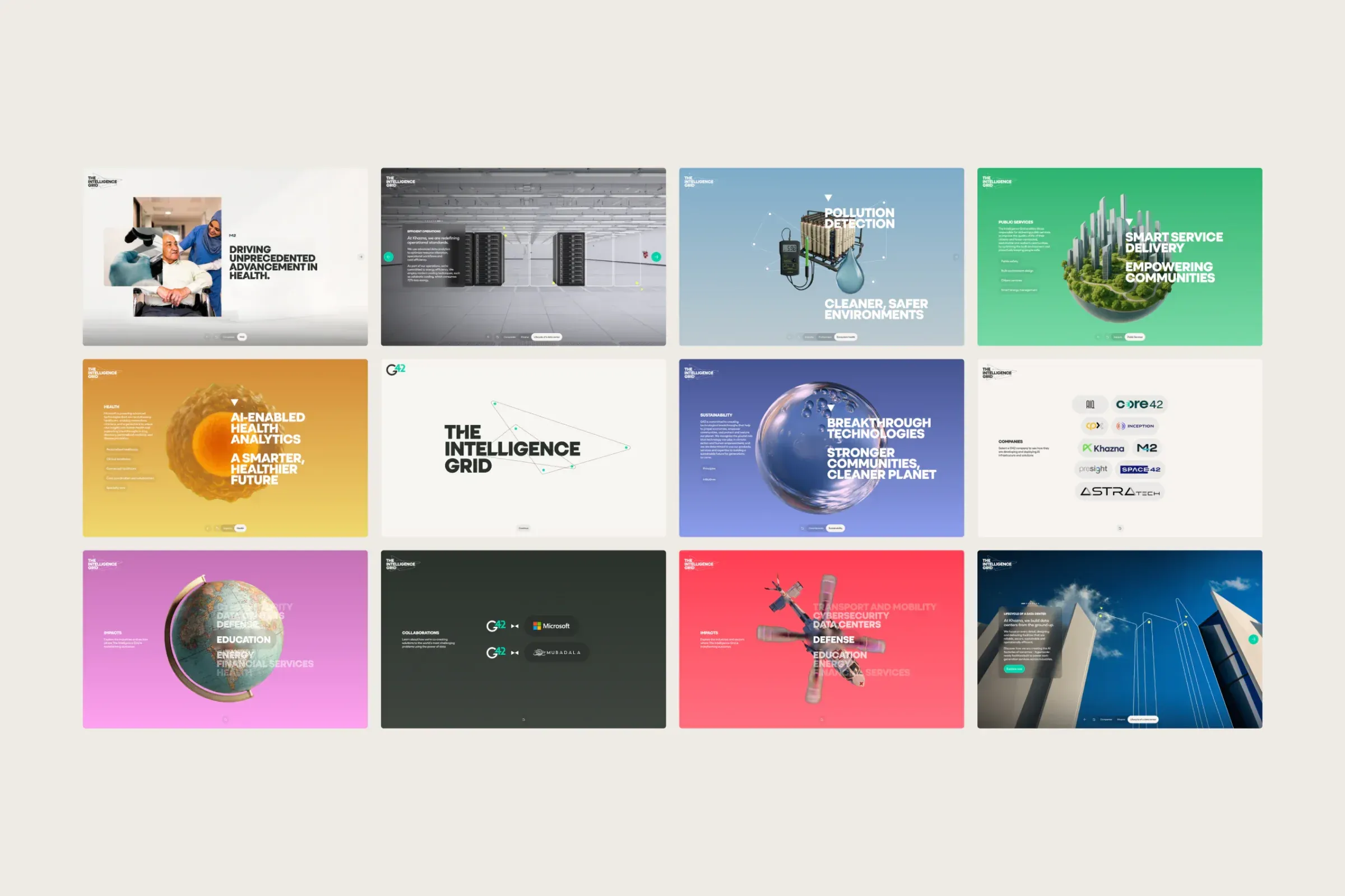 Twelve screens from The Intelligence Grid experience for G42, covering health, sustainability, smart services and G42's partner companies