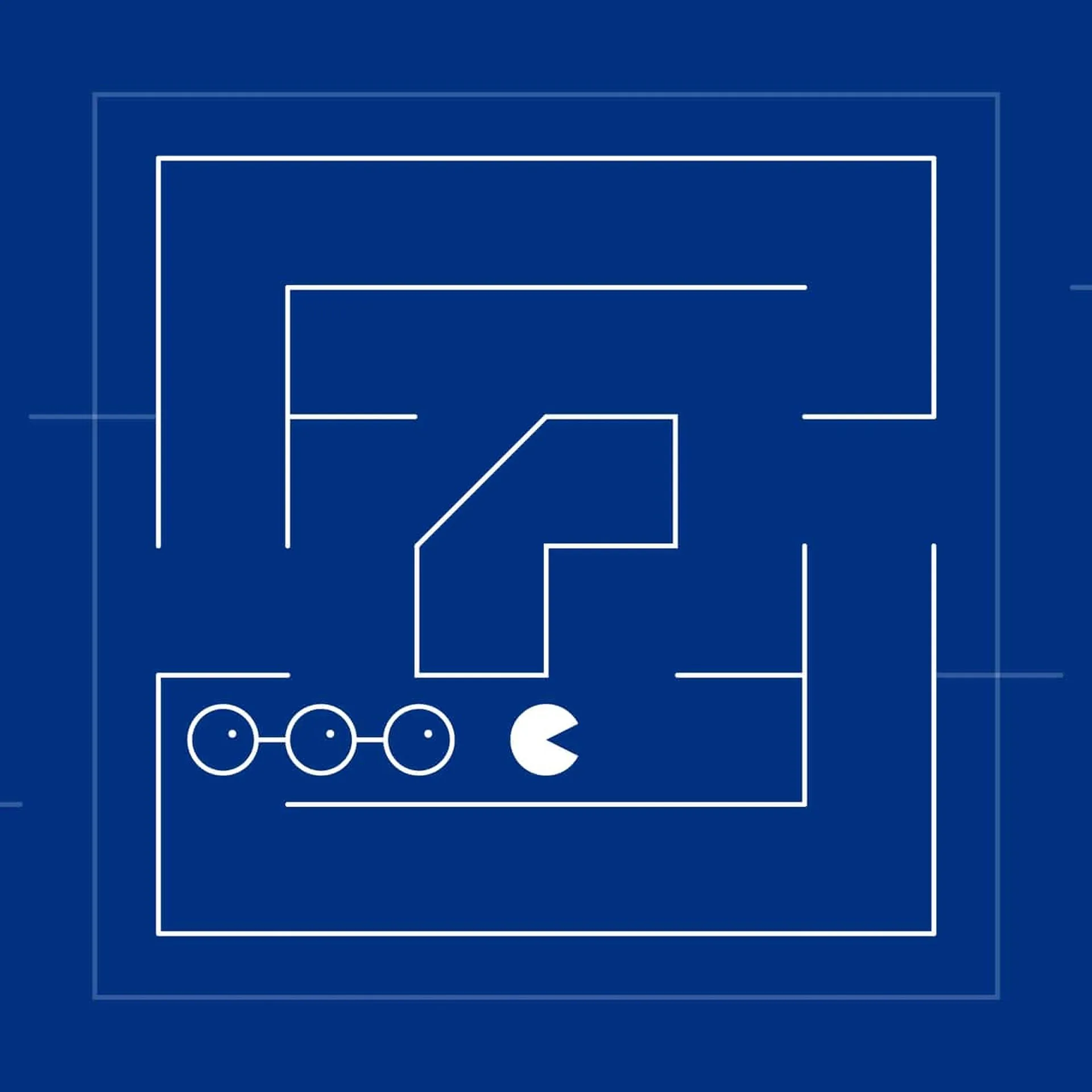 Minimalist blueprint-style illustration on a blue background showing a white maze path with a Pac-Man figure moving past three connected white circles.