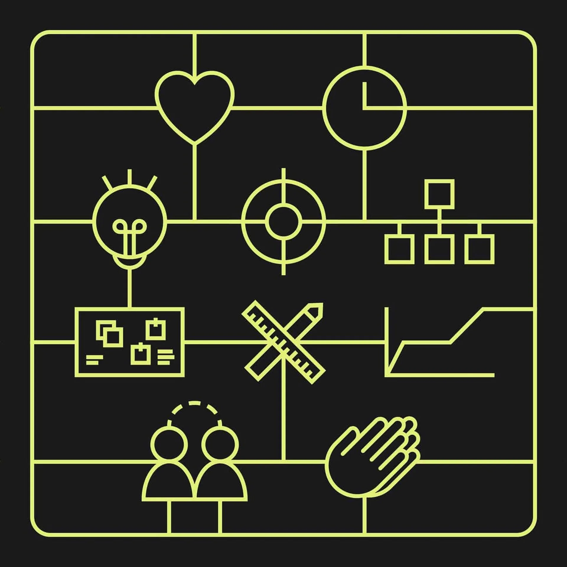 Lime green line art on a dark background resembling a plastic model kit frame, connecting various project and teamwork icons including a heart, clock, lightbulb, target, flowchart, sticky note board, crossed ruler and pencil, graph, two people communicating, and clapping hands.