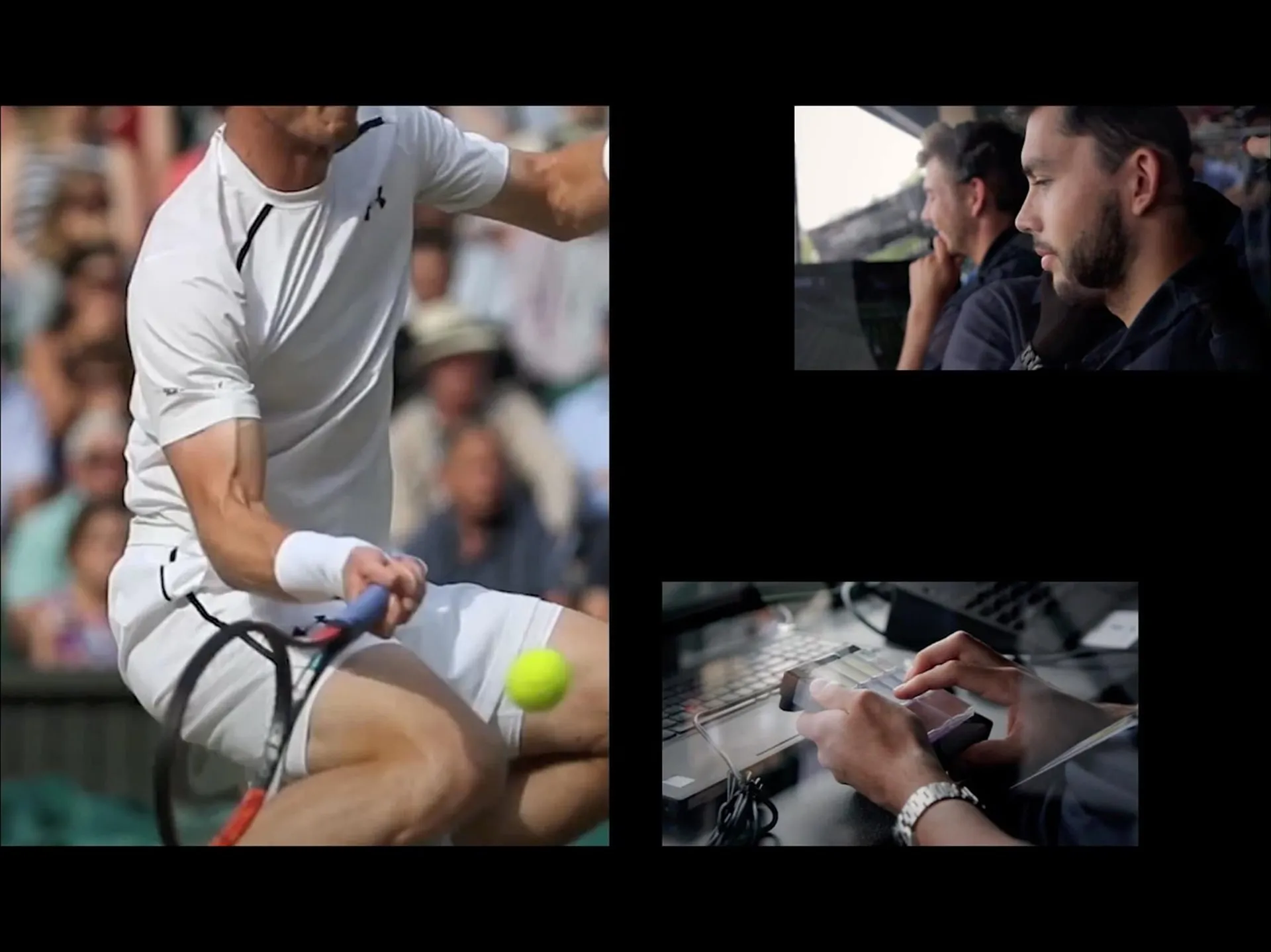 Triptych showing a tennis player in white swinging at a ball during a match on the left, an operator watching a screen in the top right, and close-up hands using a specialized controller near a laptop in the bottom right.