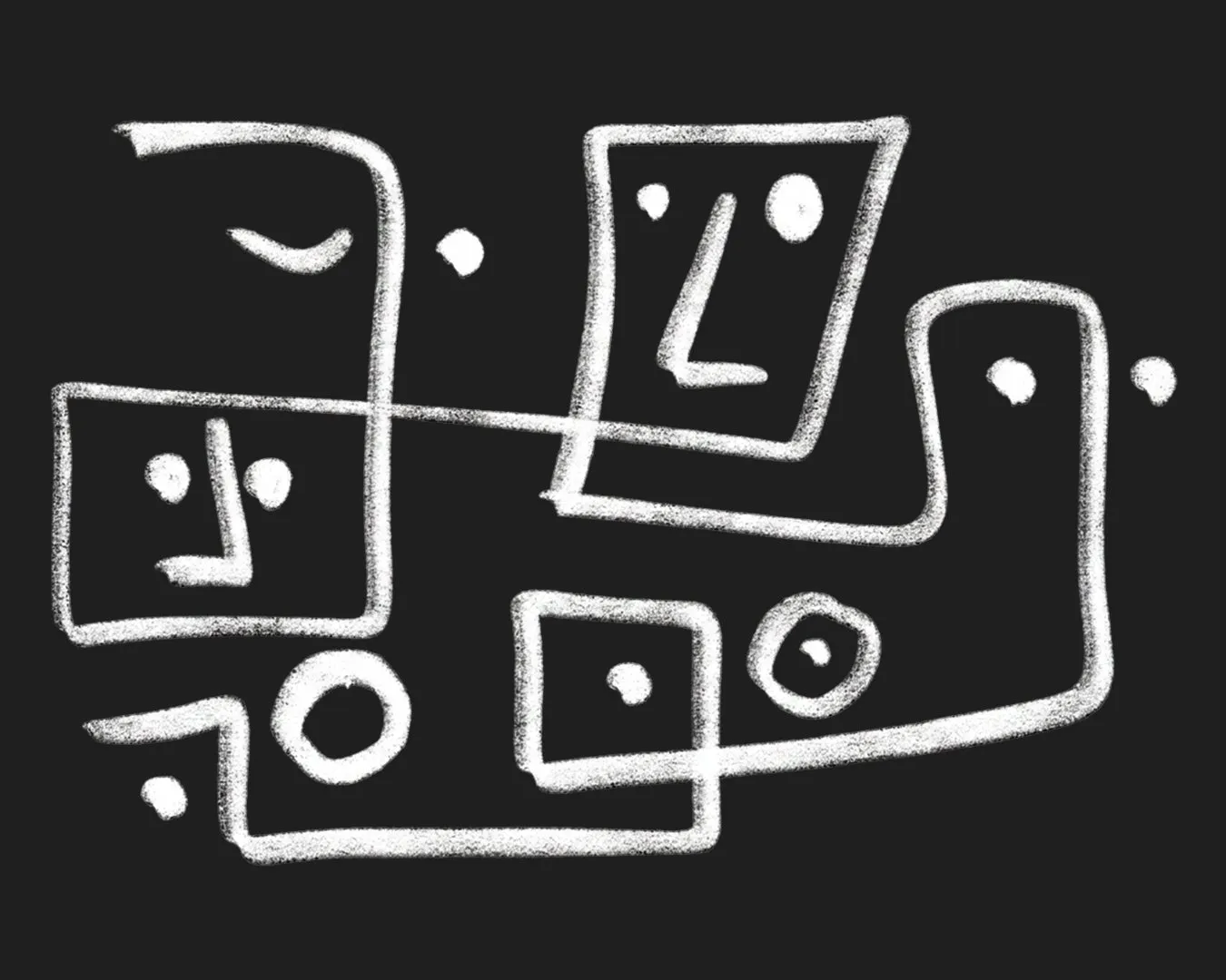 White chalk-style line drawing on a black background showing interconnected rectangles and squares with scattered dots and circles, resembling abstract faces or a machine.