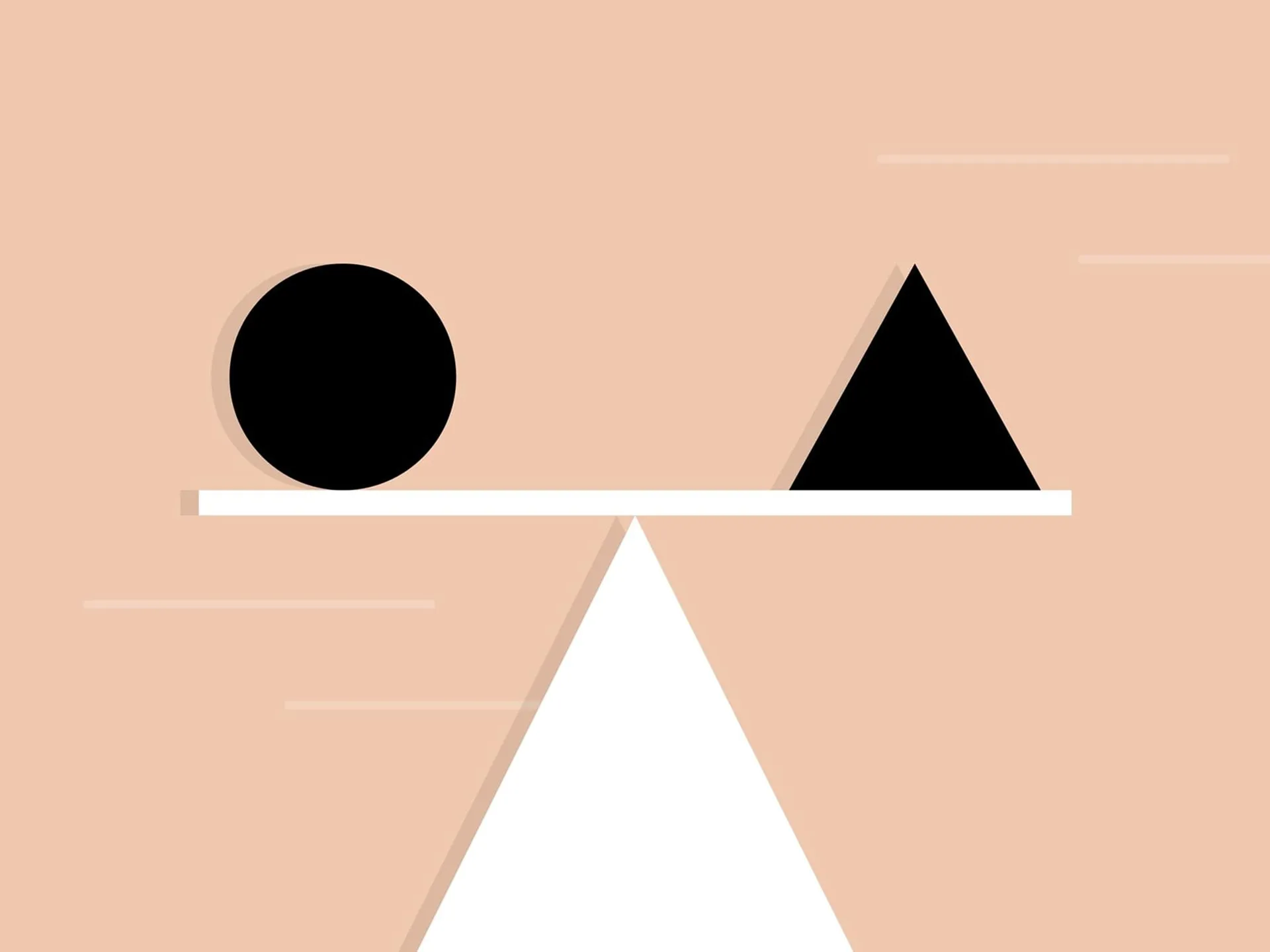A minimalist illustration of a seesaw balanced on a white triangular fulcrum, with a black circle resting on the left side and a black triangle on the right against a peach background.