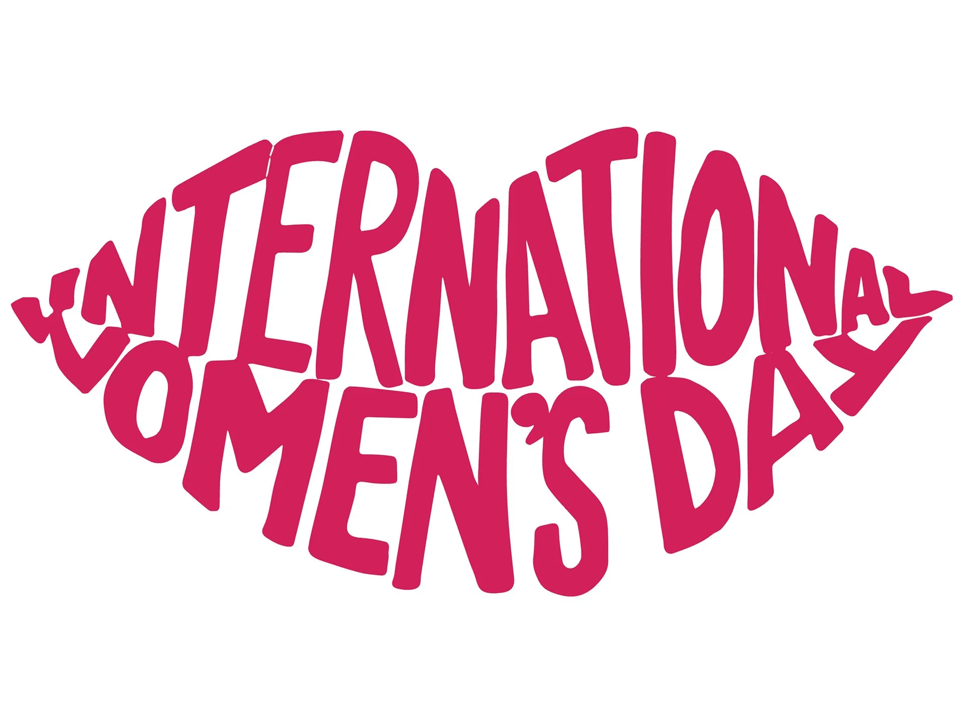 Pink text spelling out International Women's Day stylized into the shape of lips against a white background.