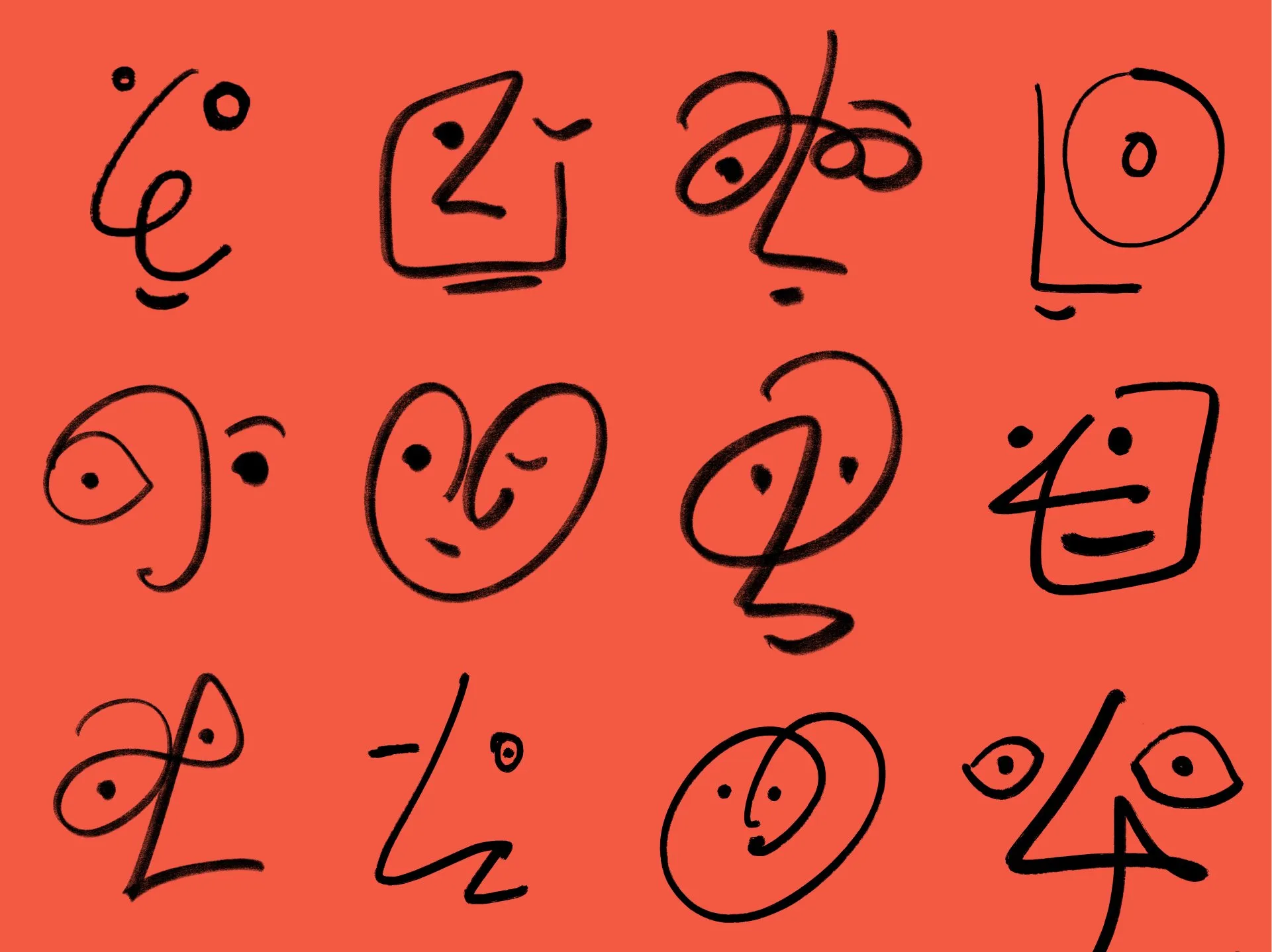 A grid of twelve abstract, minimalist line-drawn faces in black ink arranged in three rows on a solid bright orange background.