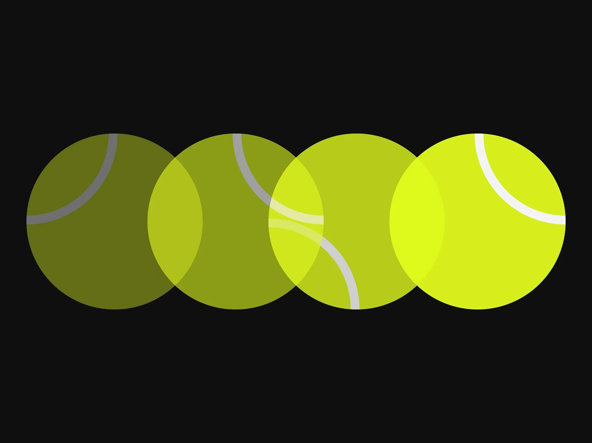 Graphic sequence of four overlapping tennis balls depicting horizontal motion against a black background, brightening from dim olive green on the left to vibrant yellow on the right.