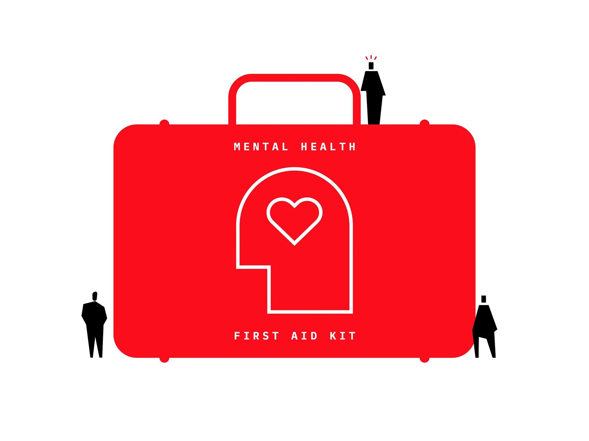 Illustration of a large red briefcase labeled Mental Health First Aid Kit, featuring a white outline of a head with a heart inside, surrounded by three small silhouetted figures.