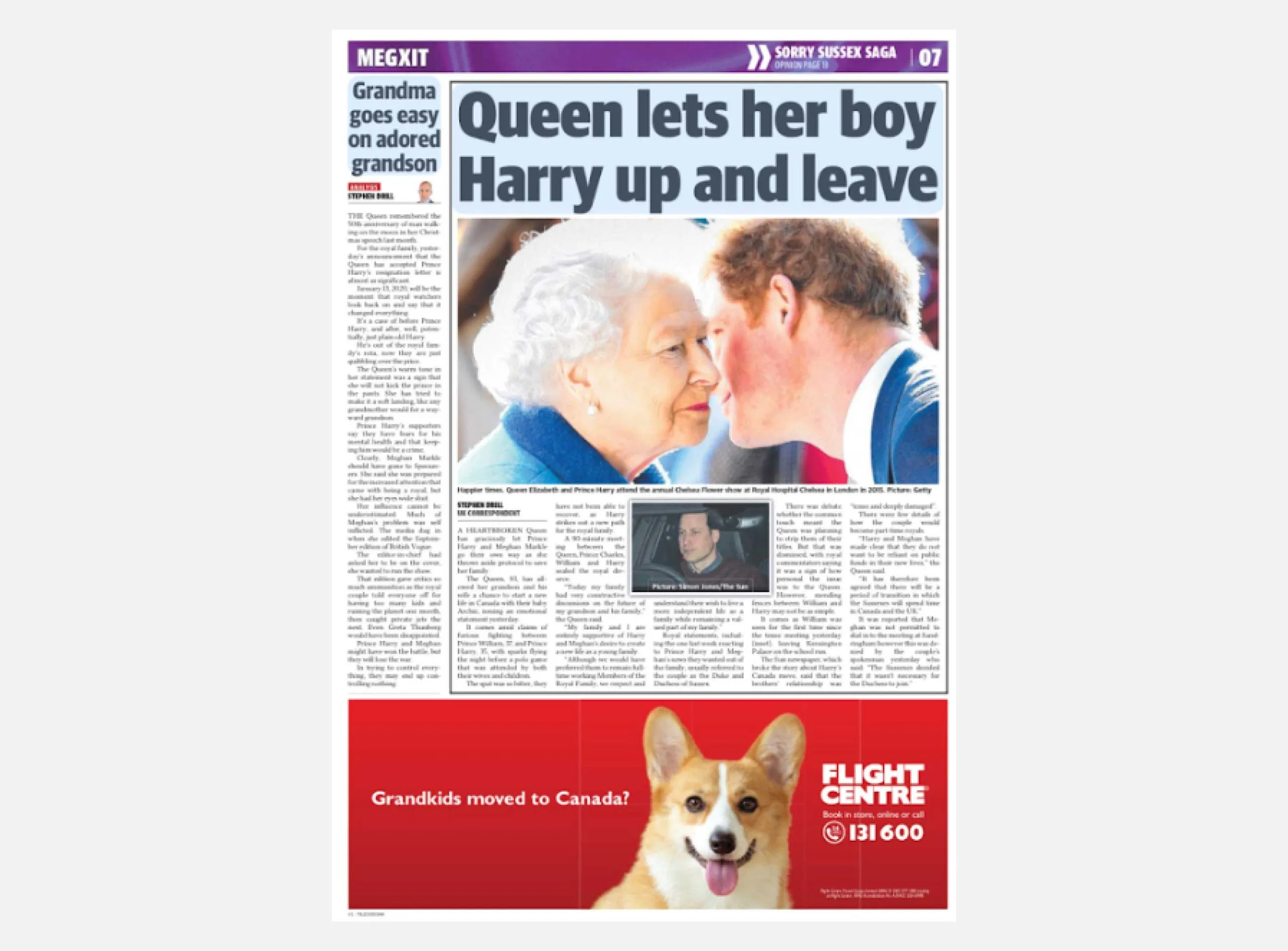 A tabloid page headed 'Queen lets her boy Harry up and leave', with a Flight Centre advert at the foot showing a corgi and the line 'Grandkids moved to Canada?'
