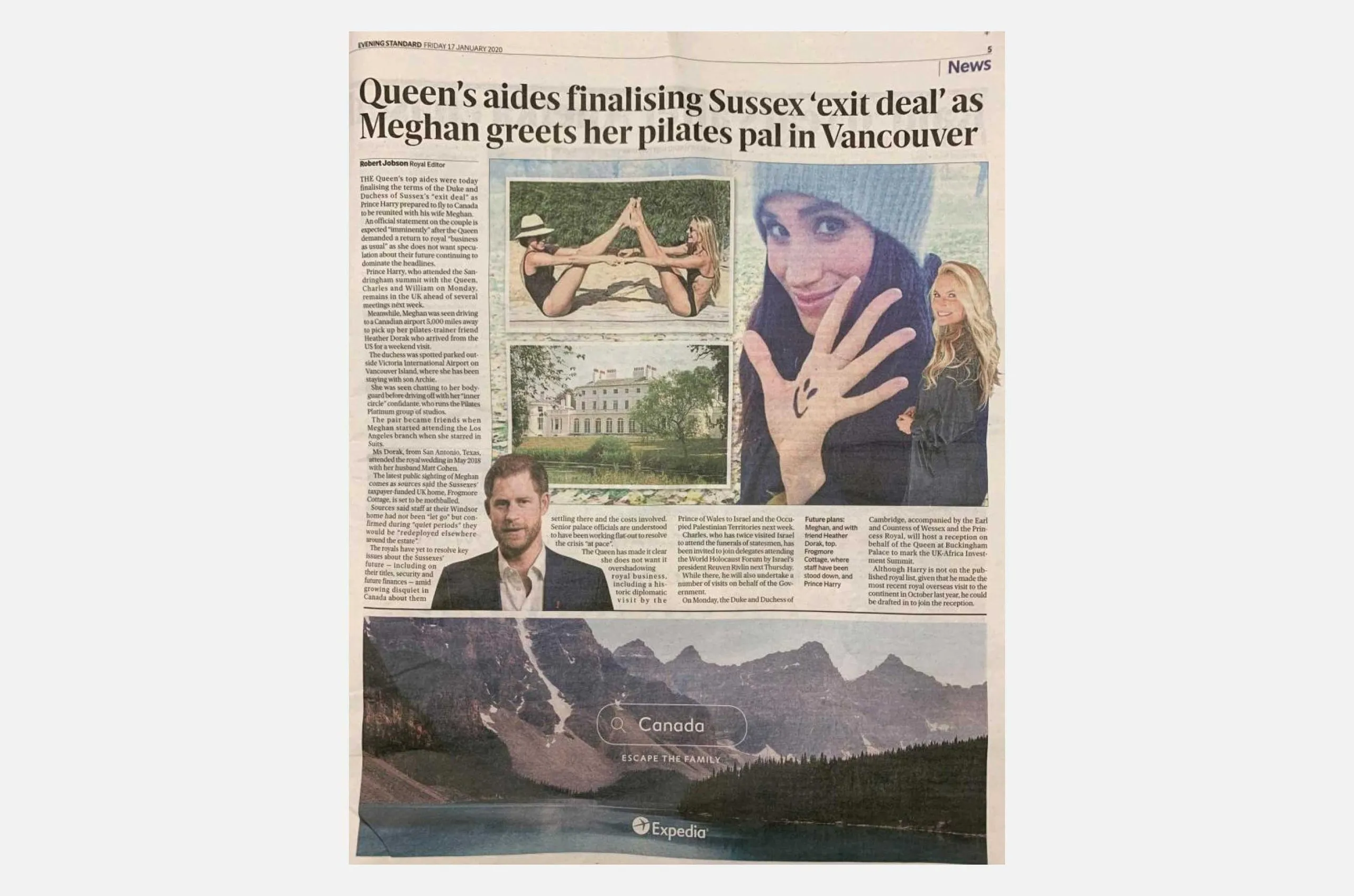 An Evening Standard page headed 'Queen's aides finalising Sussex 'exit deal' as Meghan greets her pilates pal in Vancouver', with an Expedia advert for Canada across the foot.