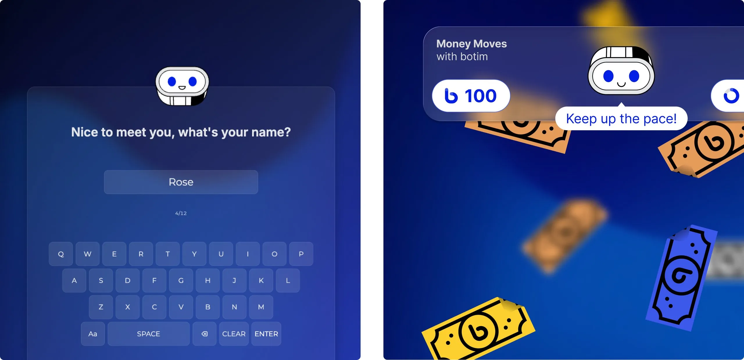 Two screens from botim's game: one asking 'Nice to meet you, what's your name?' above an on-screen keyboard, the other showing the botim mascot among falling banknotes with a score of 100.
