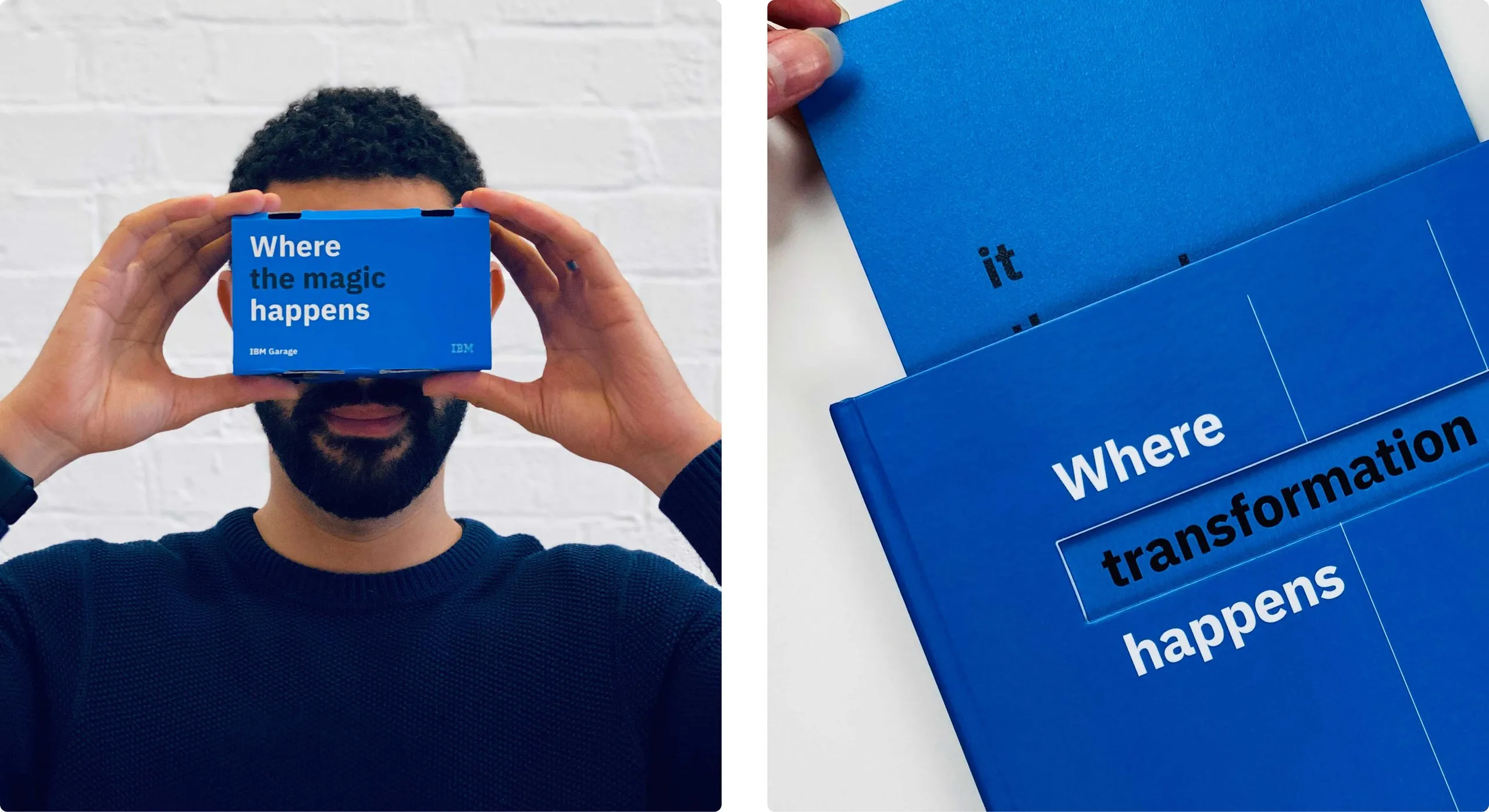 IBM Garage's 'Where the magic happens' cardboard viewer held to a man's face, beside a blue booklet whose cover reads 'Where transformation happens'.