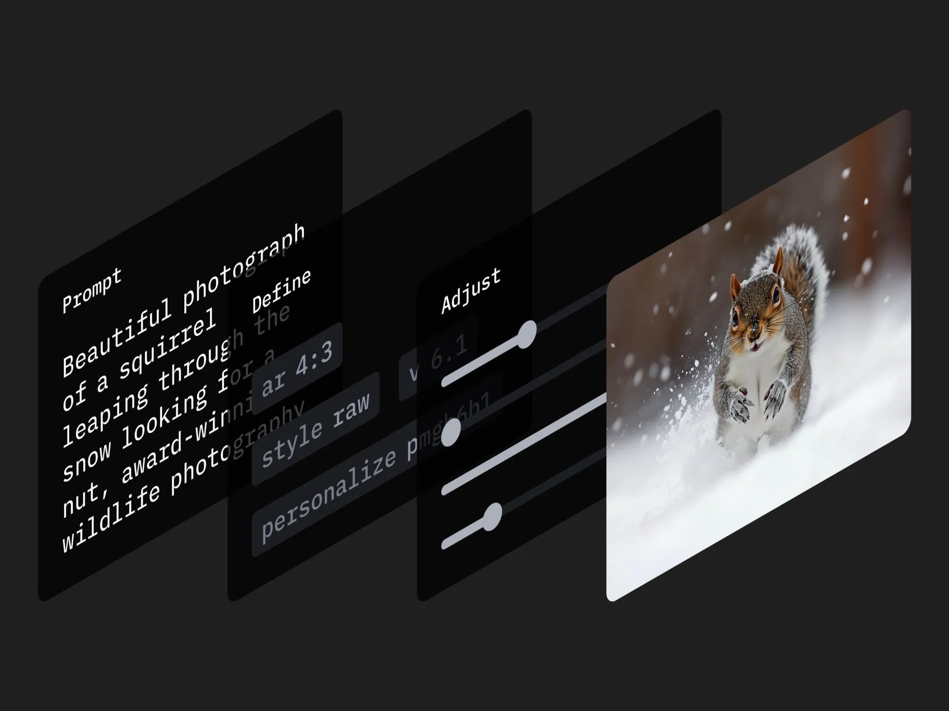 Three overlapping interface panels showing an AI image creation workflow: a text prompt panel describing a squirrel in snow, an adjustment panel with sliders, and the resulting photo of a squirrel leaping through deep snow.