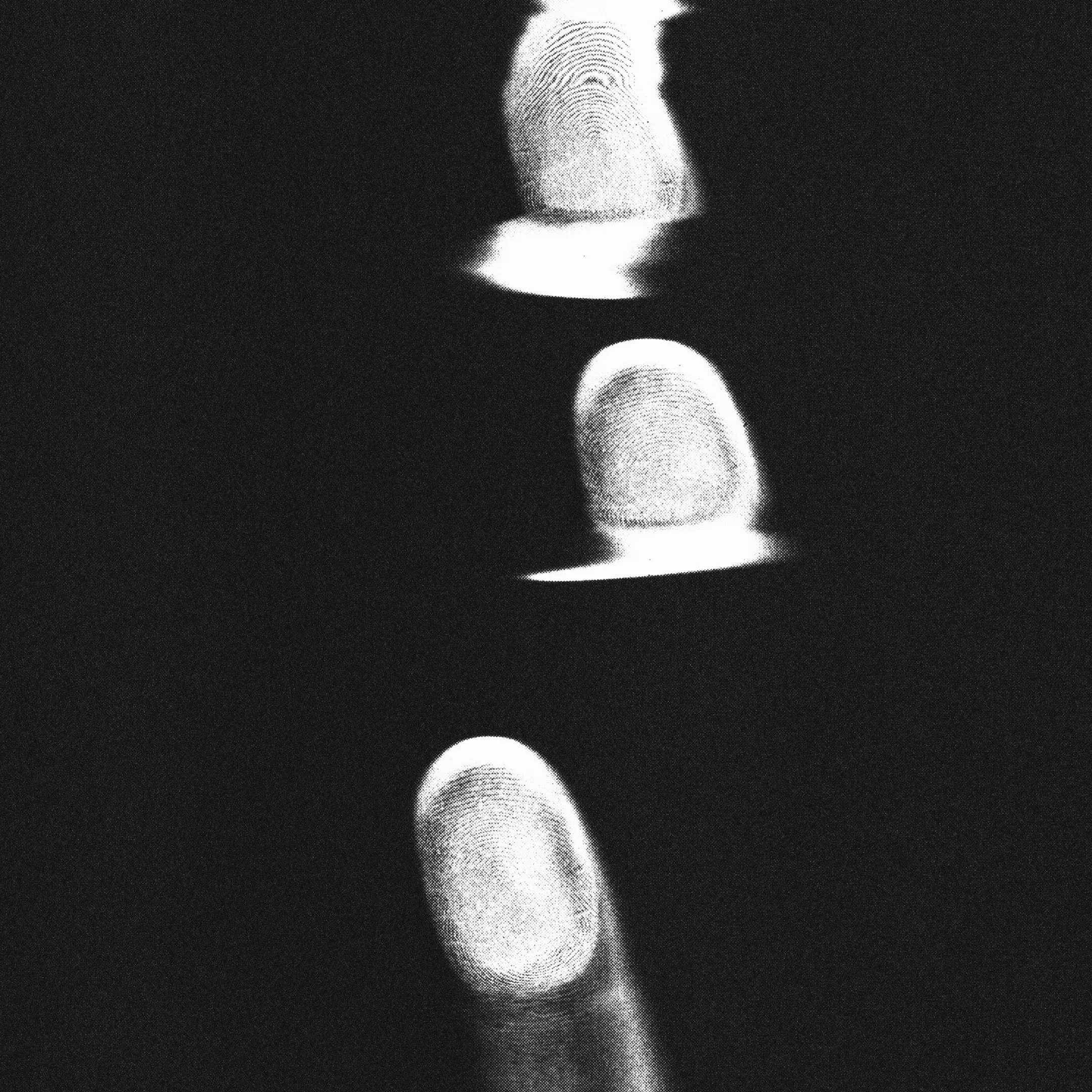 Three bright white fingerprints arranged vertically against a solid black background.