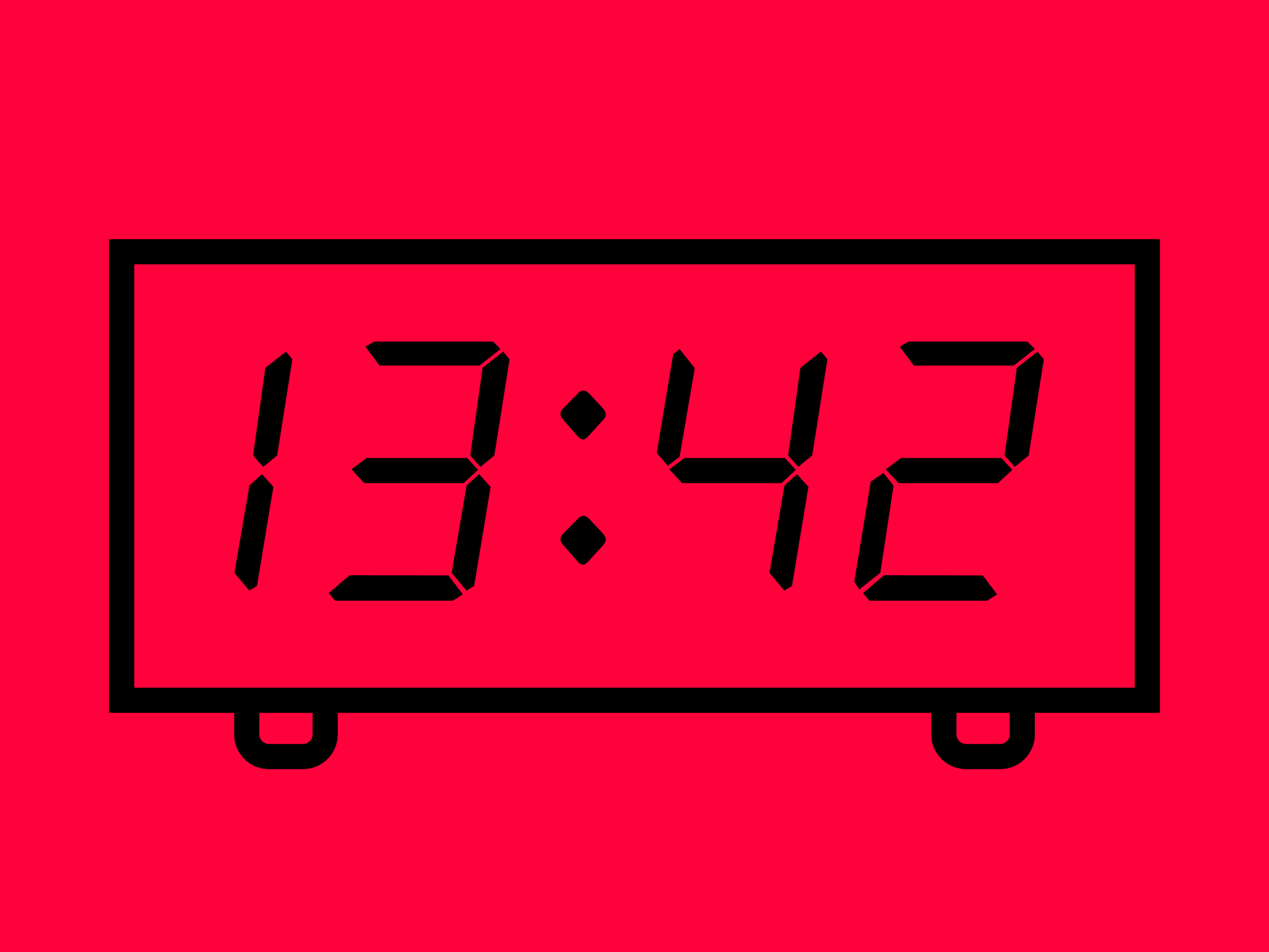 Black line icon of a digital clock displaying 13:42 on a red background.