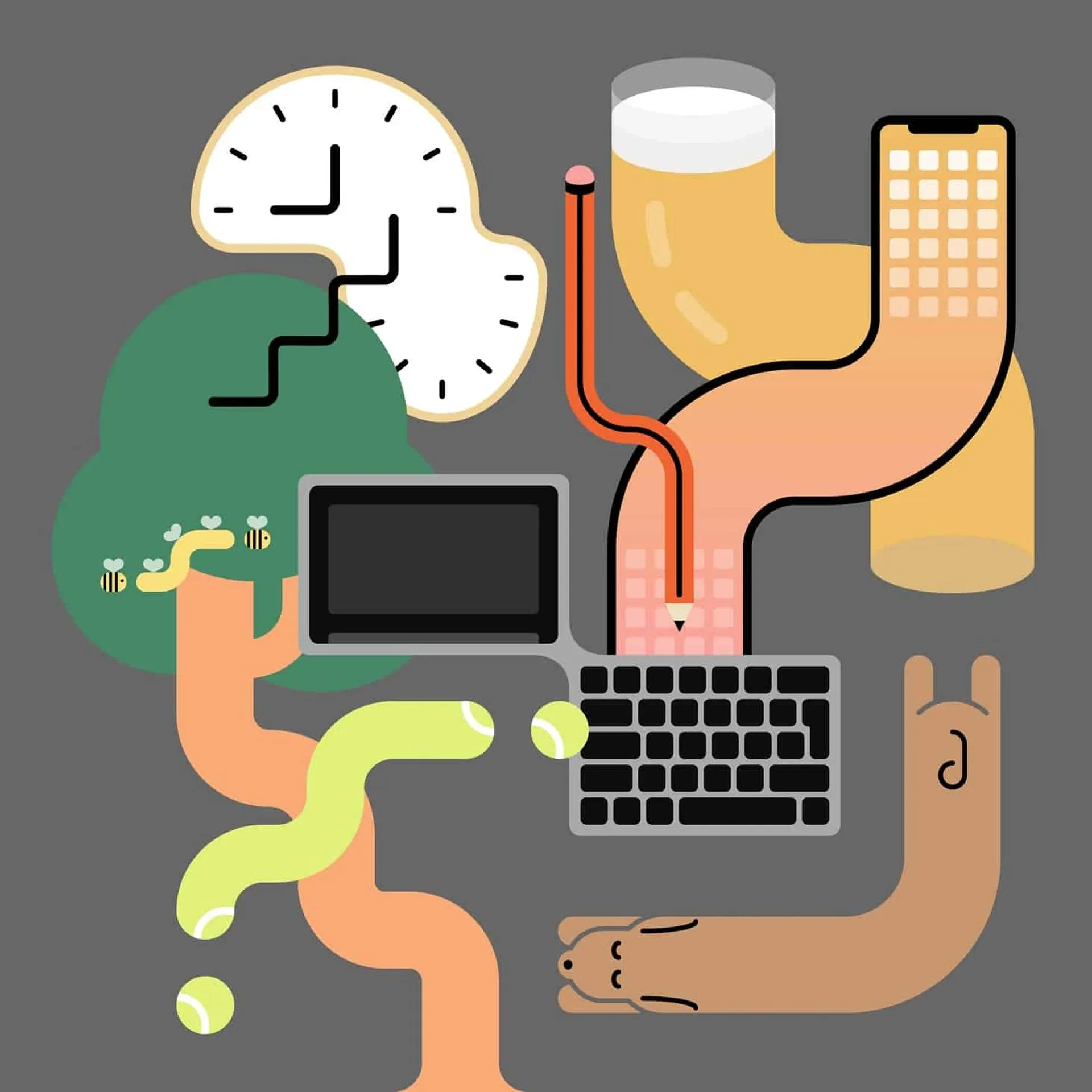 Surreal graphic illustration combining elongated and melting objects against a gray background, including a distorted clock, a tree with bees, a laptop, a smartphone, a glass of beer, an orange pencil, tennis balls, and a stretched dachshund dog.