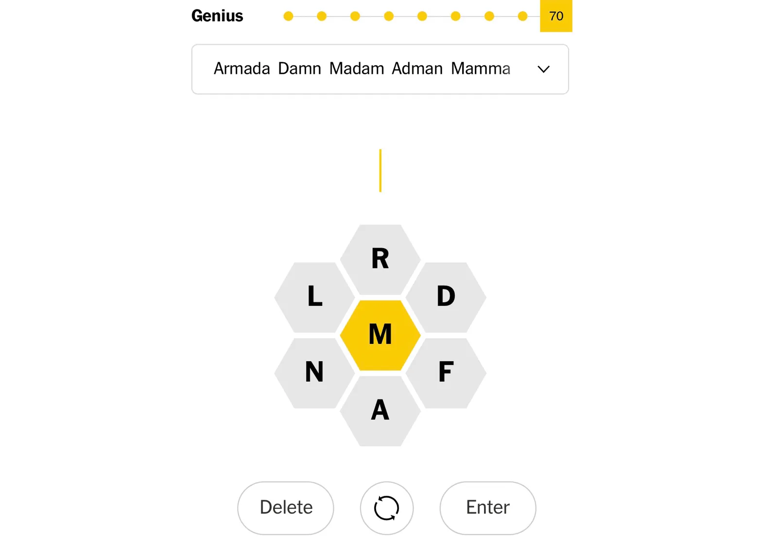A screenshot of a word game: seven hexagonal letters around a yellow M, a list of found words (Armada, Damn, Madam, Adman, Mamma) and a 'Genius' score of 70.