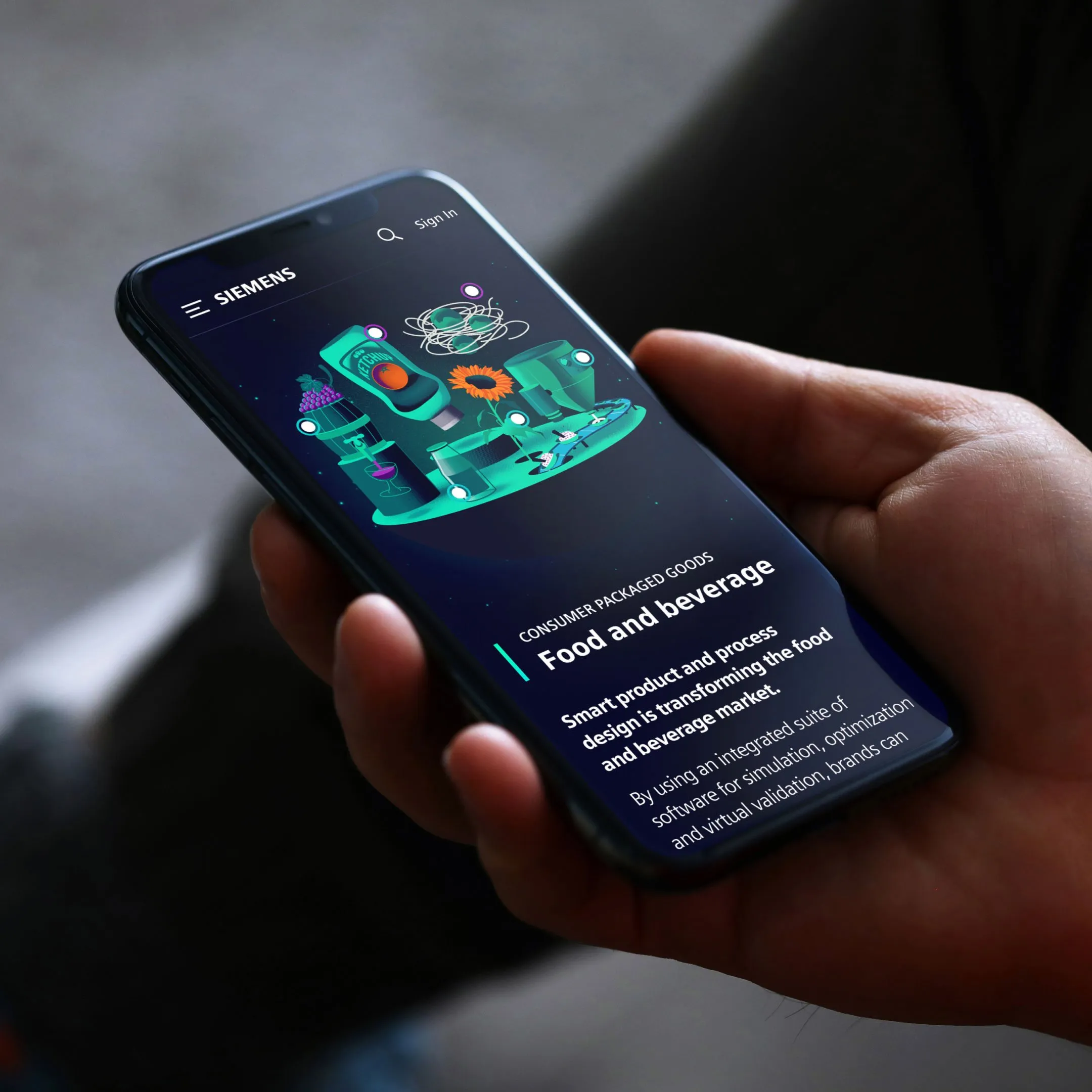 A hand holds a smartphone displaying a Siemens webpage about food and beverage, with an illustration of food production and text about smart product and process design.