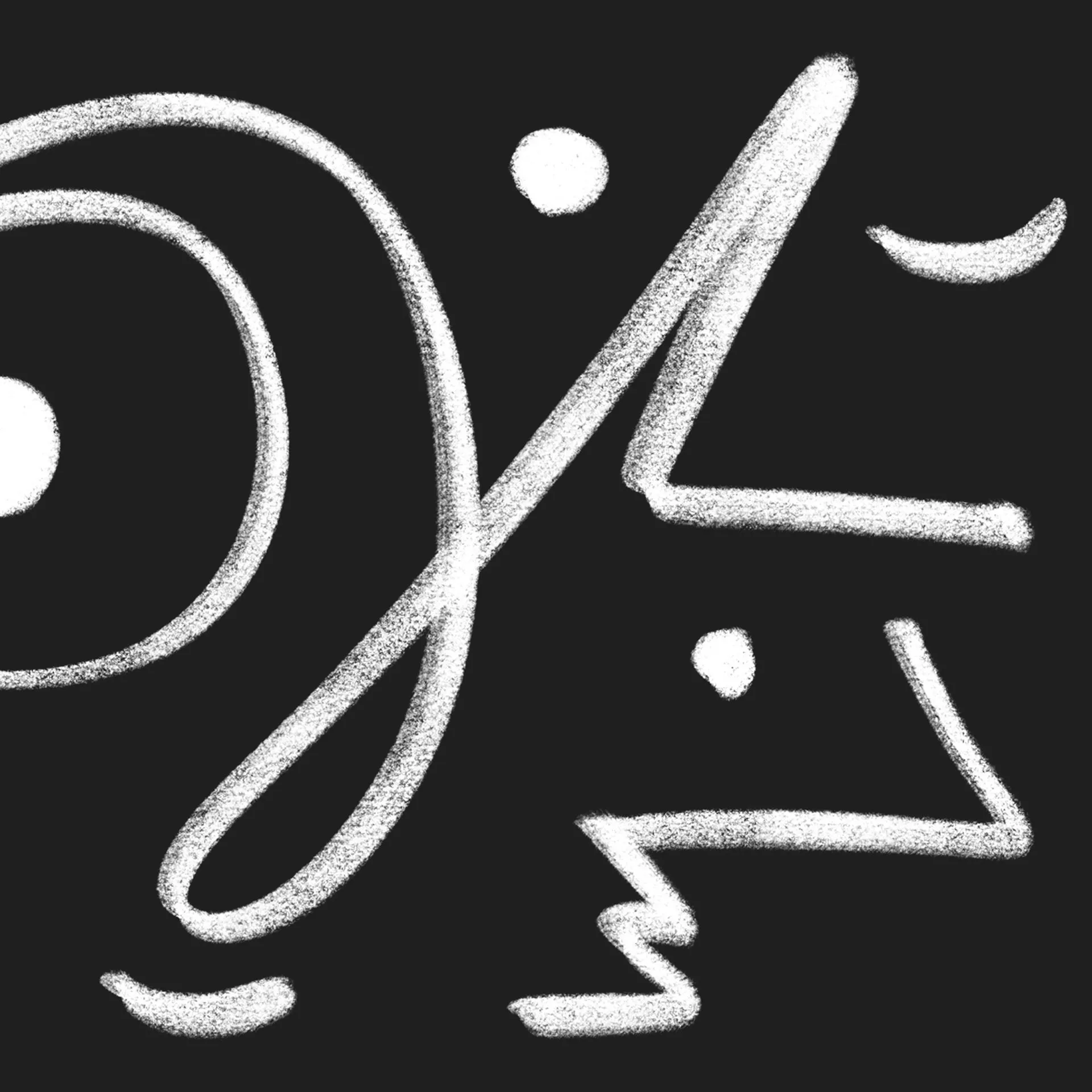 Abstract white chalk-textured lines, loops, dots, and geometric shapes drawn on a solid black background.