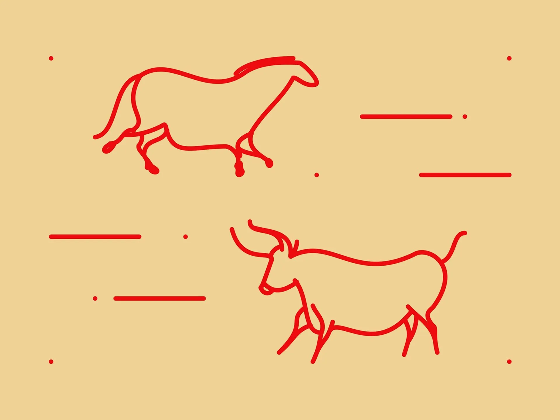 Red line drawing on a beige background depicting prehistoric cave painting style animals, with a horse at the top facing right and a horned bull at the bottom facing left, surrounded by minimalist horizontal lines and dots.