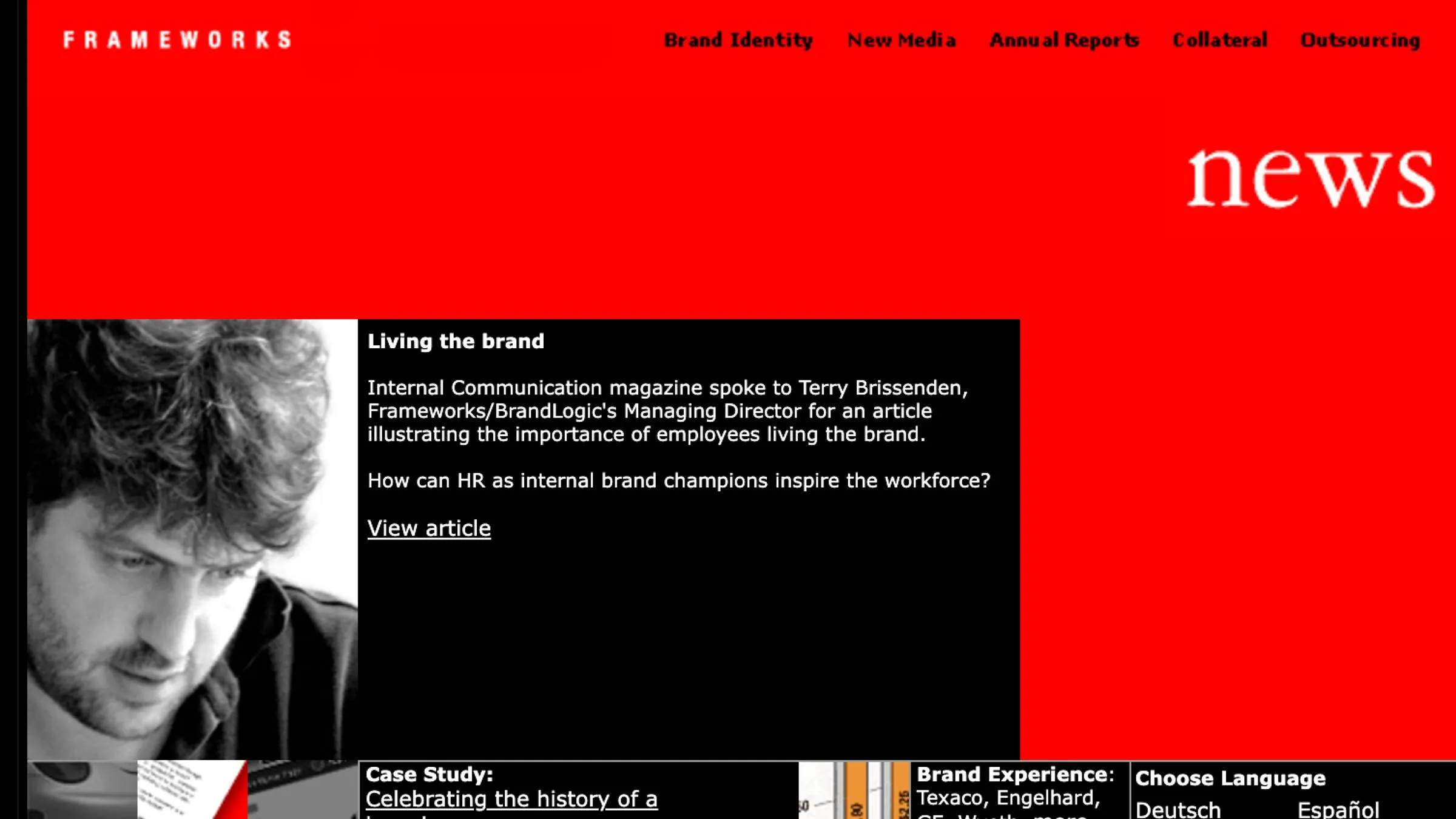 Screenshot of The Frameworks' first website: a red news page with a black panel headed 'Living the brand' beside a black-and-white portrait of Terry Brissenden.