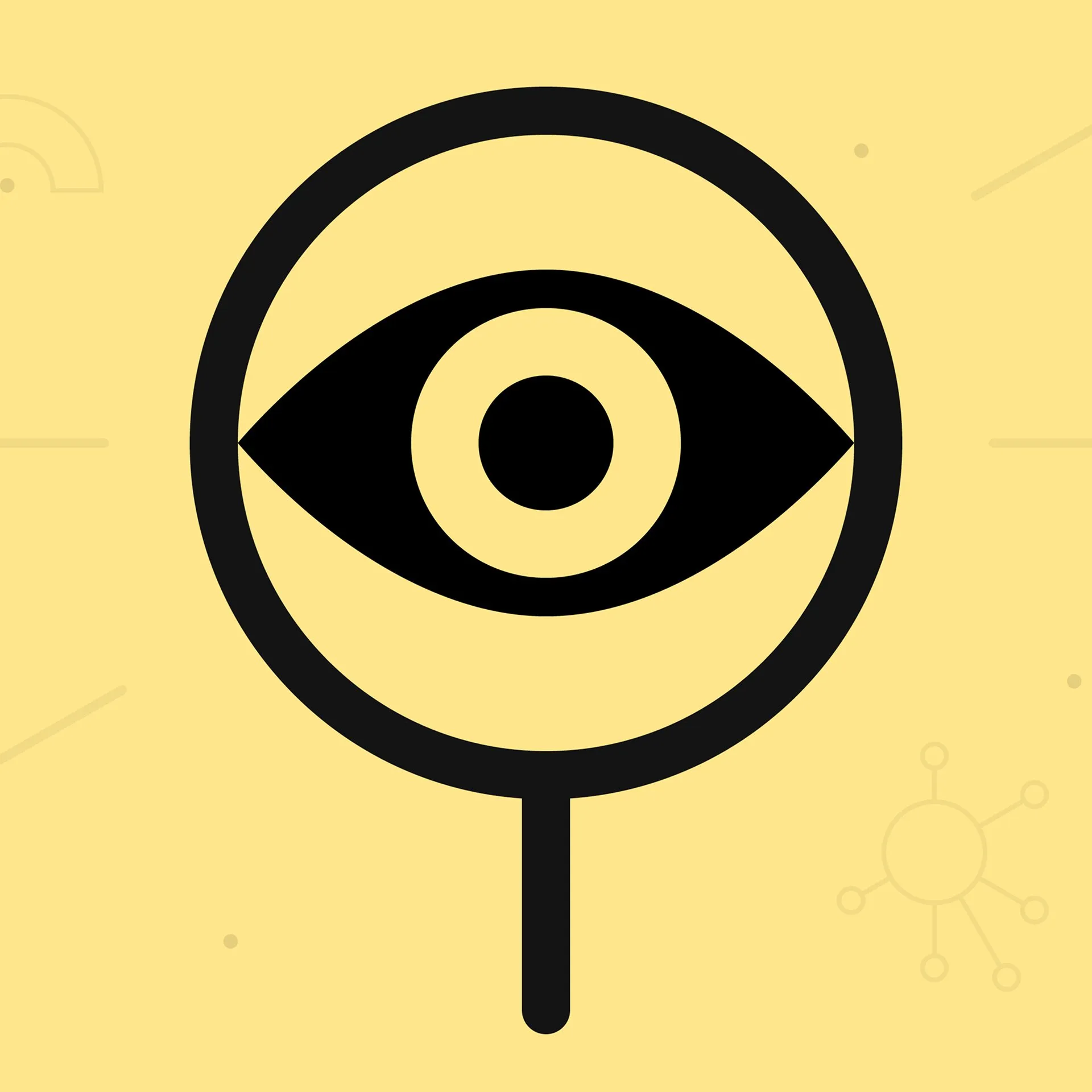 Black icon of an open eye centered inside a magnifying glass on a light yellow background.