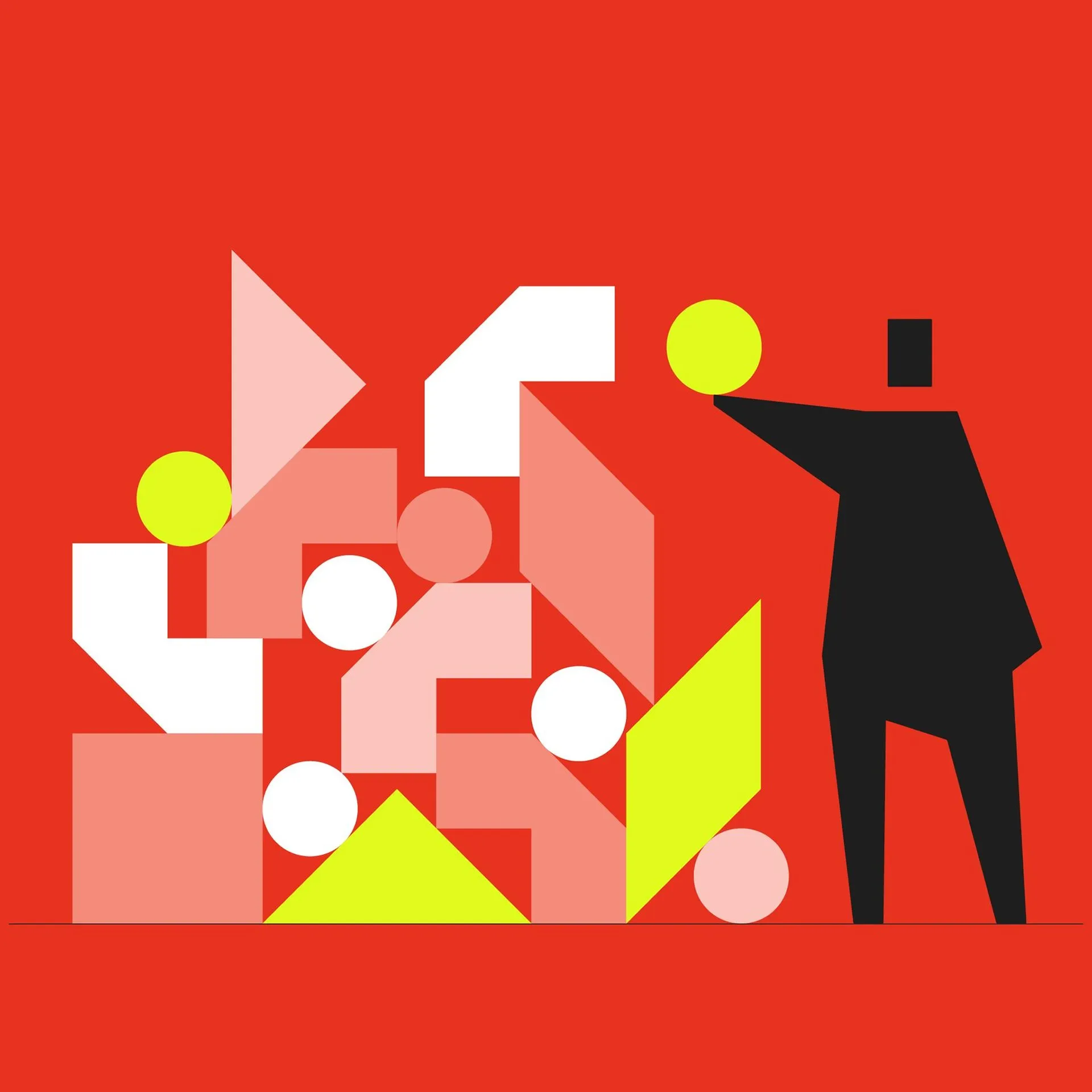 Abstract illustration of a stylized black figure holding a yellow circle above a stacked pile of colorful geometric shapes against a red background.