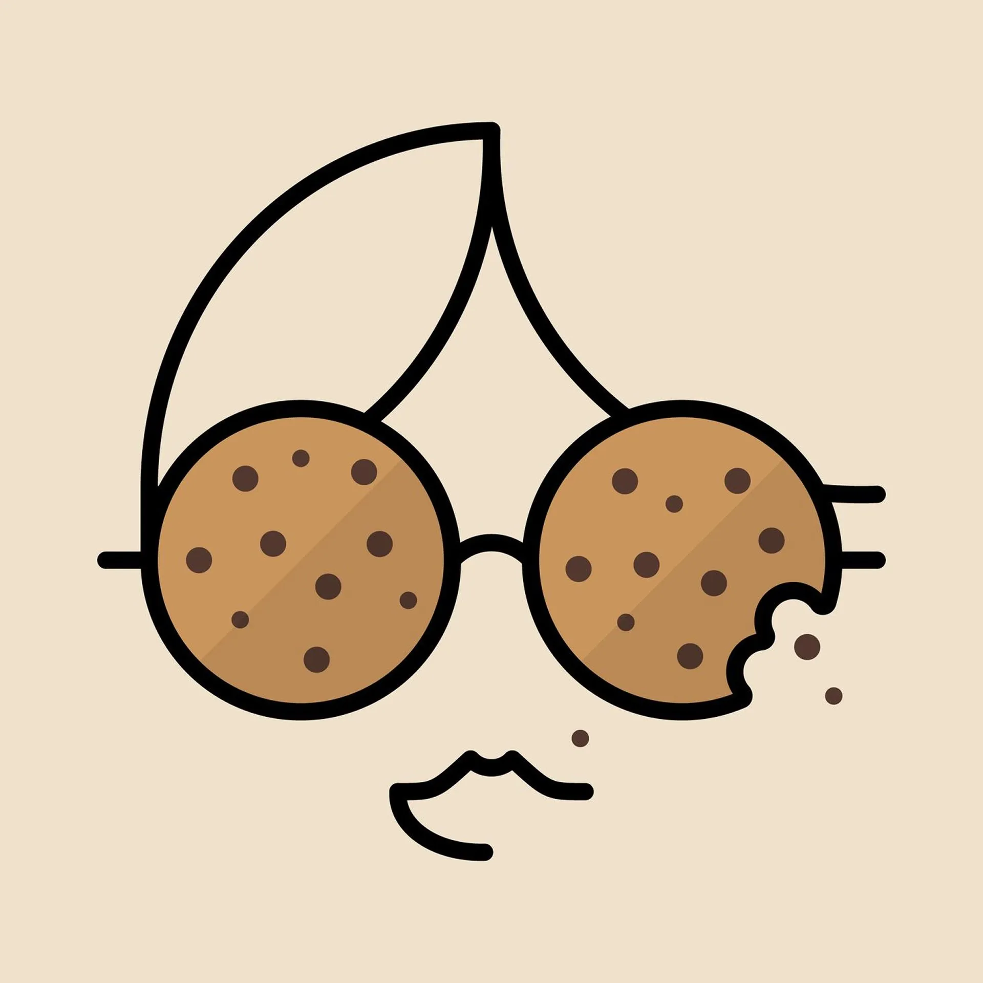 Minimalist illustration of a face wearing round glasses with chocolate chip cookies as lenses, with a bite taken out of the right cookie, beneath a cherry-stem shaped hairstyle.