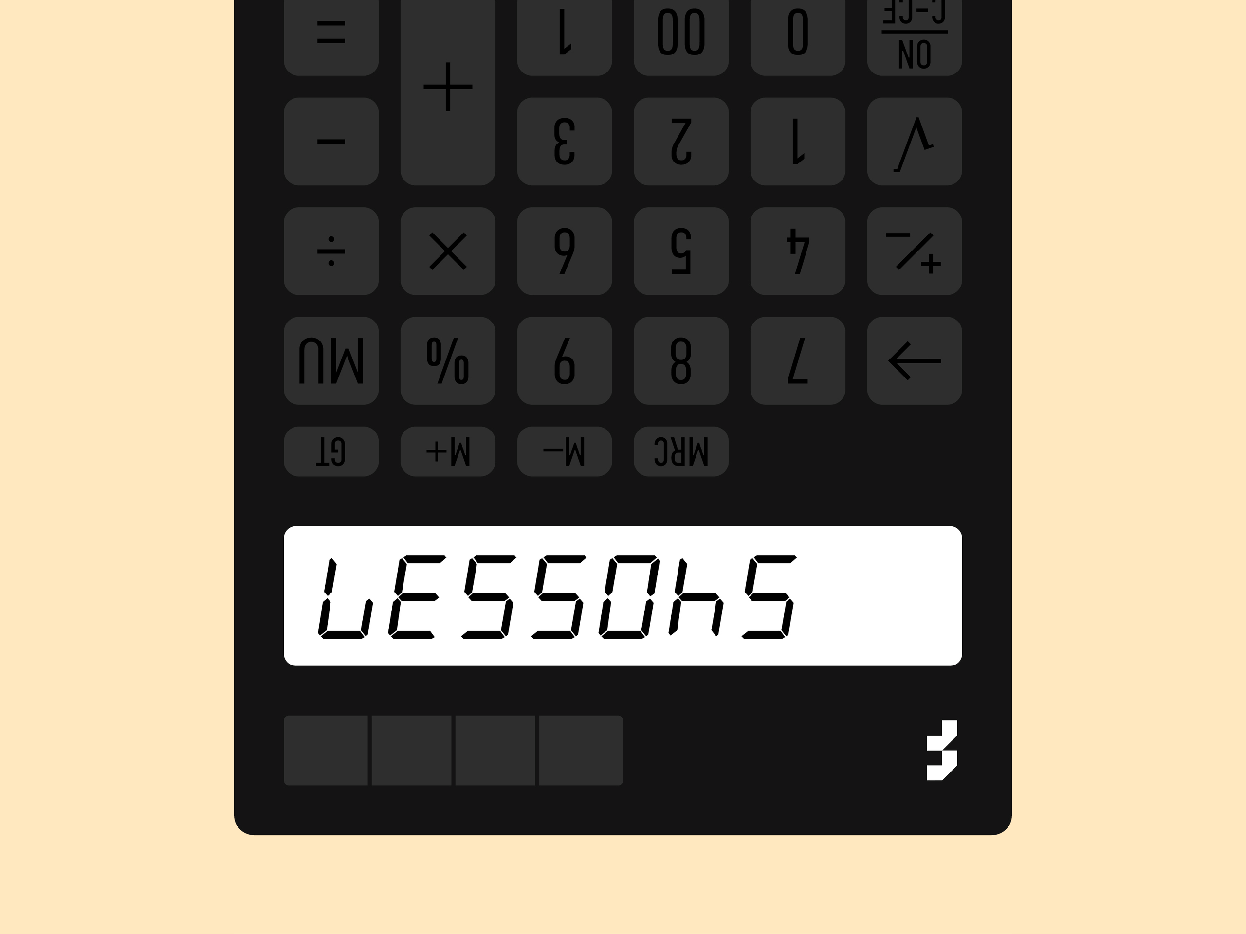 Upside-down black calculator displaying digits that spell the word LESSONS on its screen.
