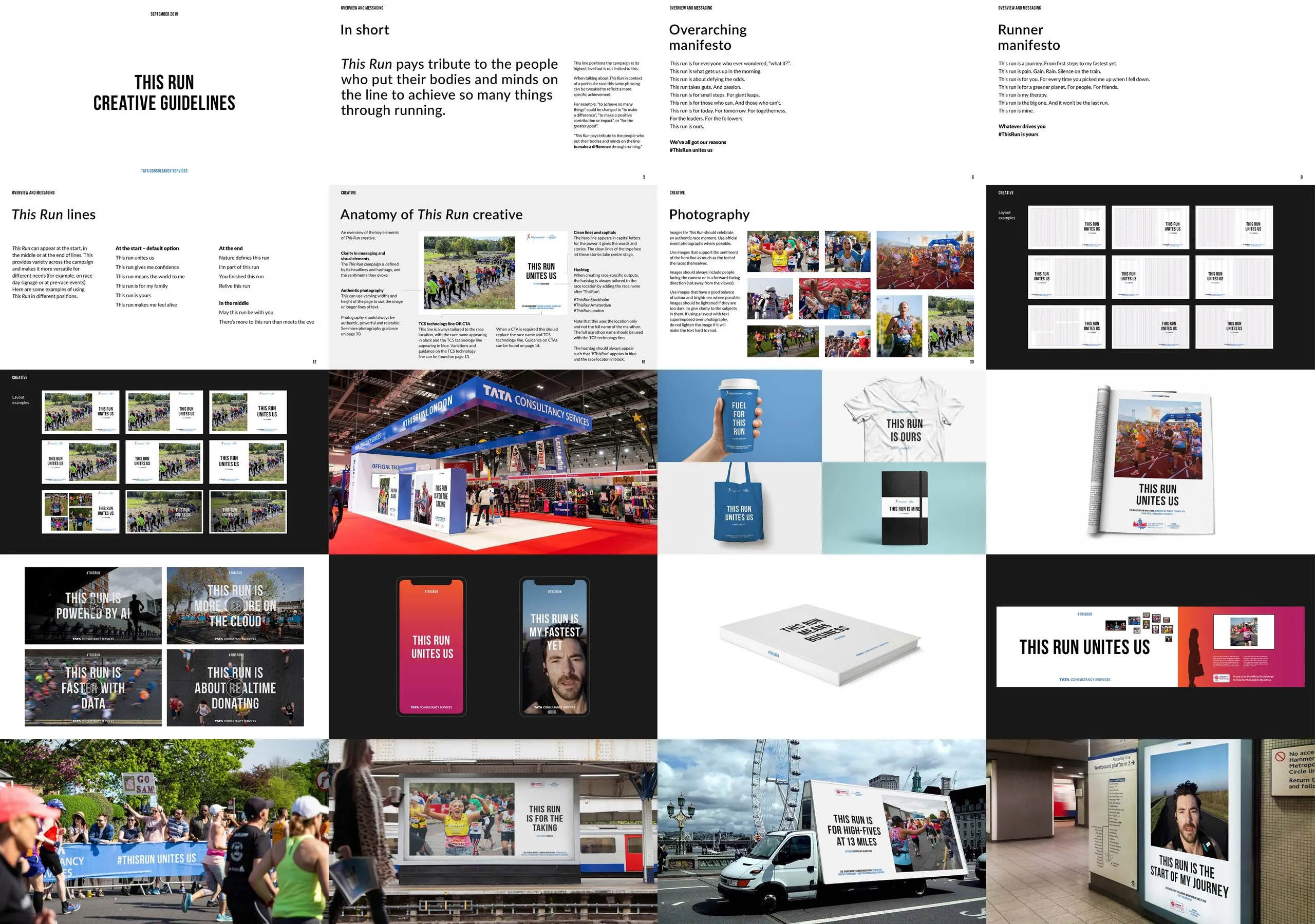 Collage of creative guideline pages and campaign mockups for the This Run Unites Us running campaign, including manifesto text, logos, photos of runners, apparel, phone screens, posters, billboard, van, and subway ads.