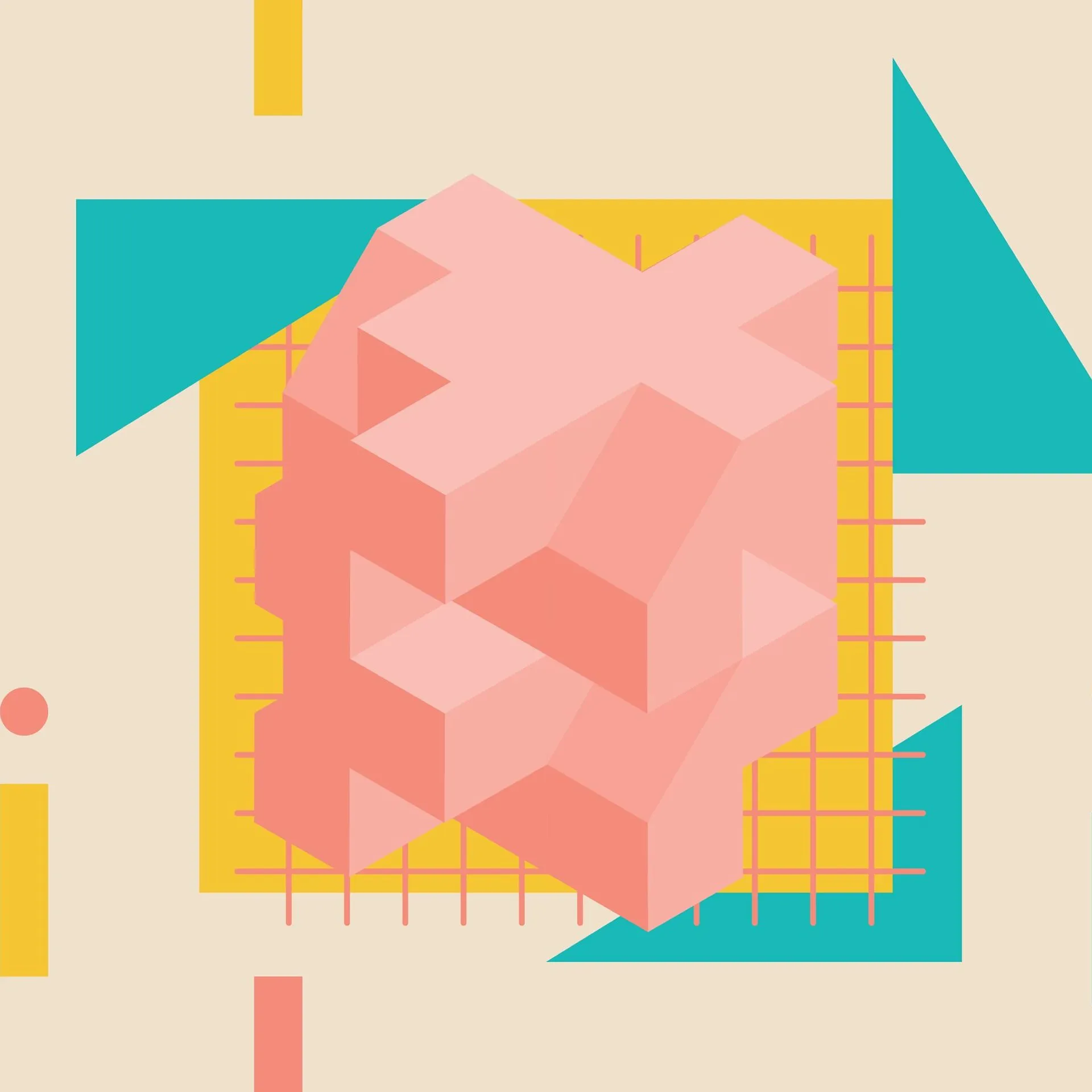 Abstract geometric illustration featuring a 3D isometric pink block structure in the center against a yellow grid square, surrounded by teal triangles and colorful rectangular and circular accents on a beige background.