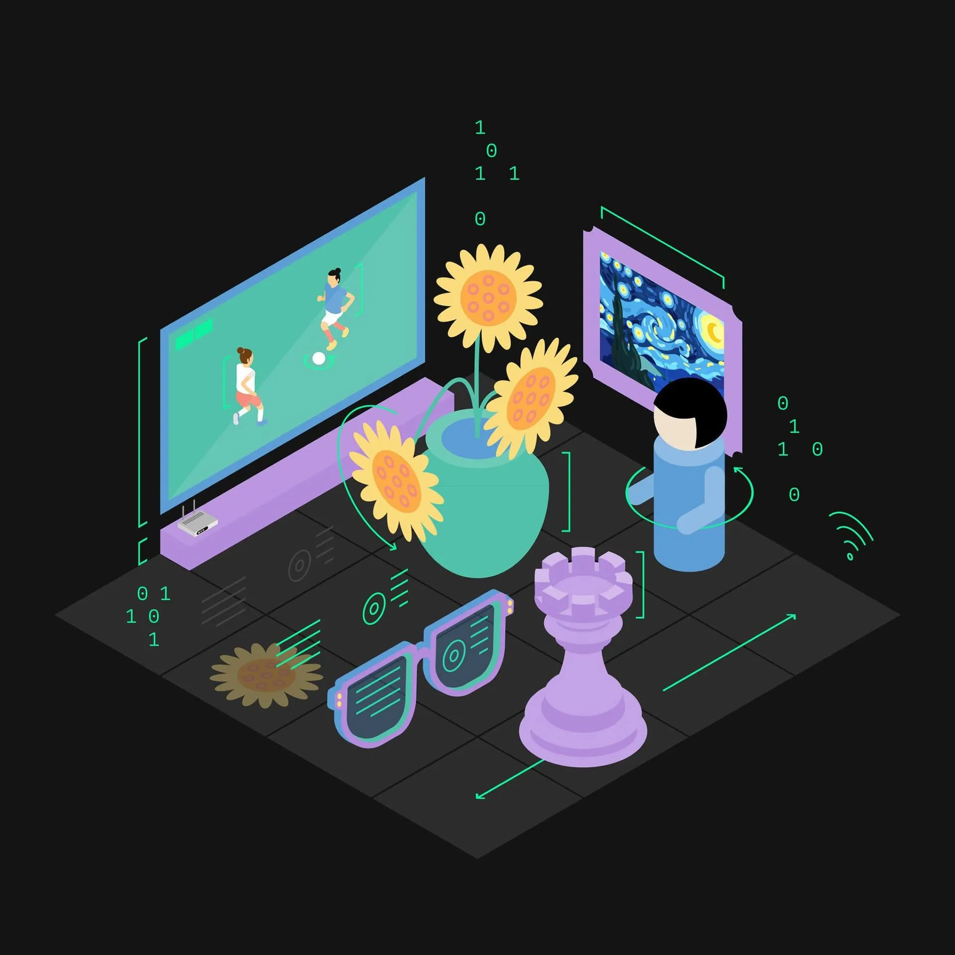 Isometric digital illustration depicting computer vision and artificial intelligence concepts, featuring a TV screen with tracked soccer players, a vase of sunflowers, smart glasses, a chess rook, a framed painting, and an avatar surrounded by bounding boxes, tracking markers, and binary code on a dark grid.