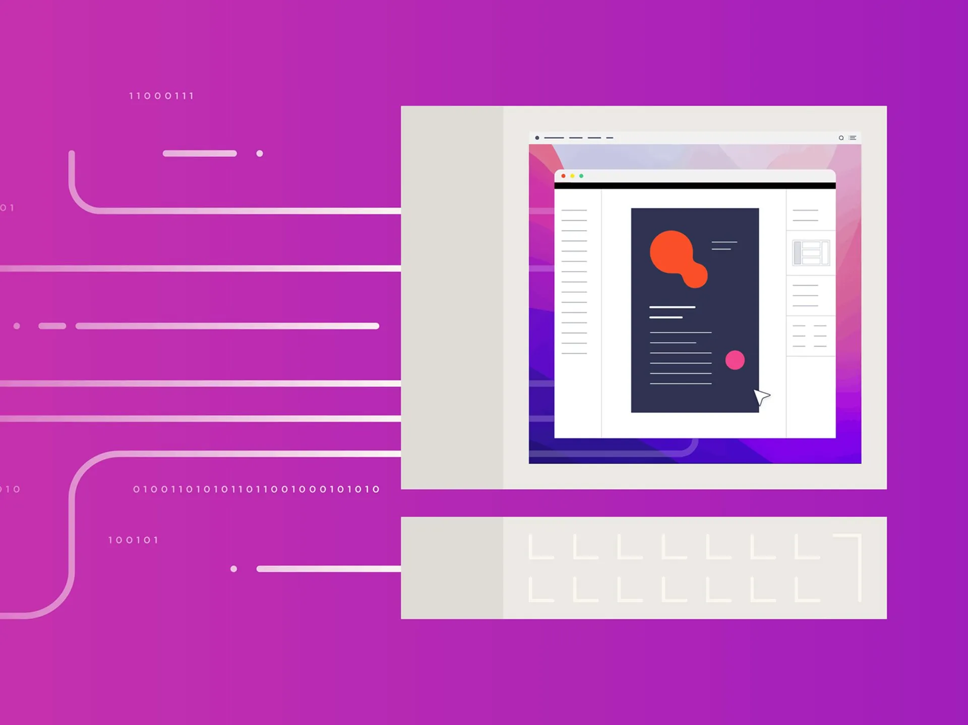 Digital illustration of a retro computer monitor against a purple background, receiving streams of data lines and binary code from the left, while displaying a modern graphic design software interface on its screen.