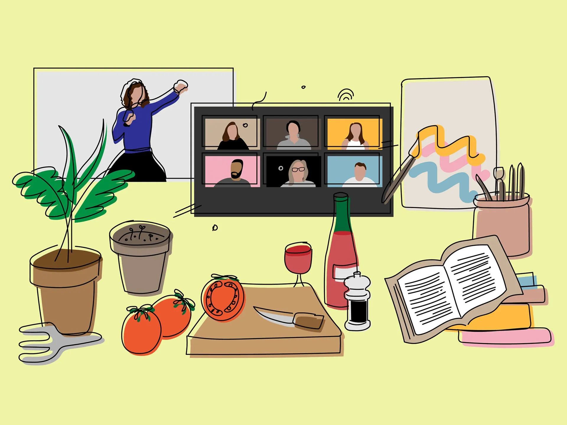 Illustration of indoor hobbies and virtual connections, featuring video call screens showing people and a fitness class, potted plants, cooking ingredients with wine, painting supplies, and an open book.