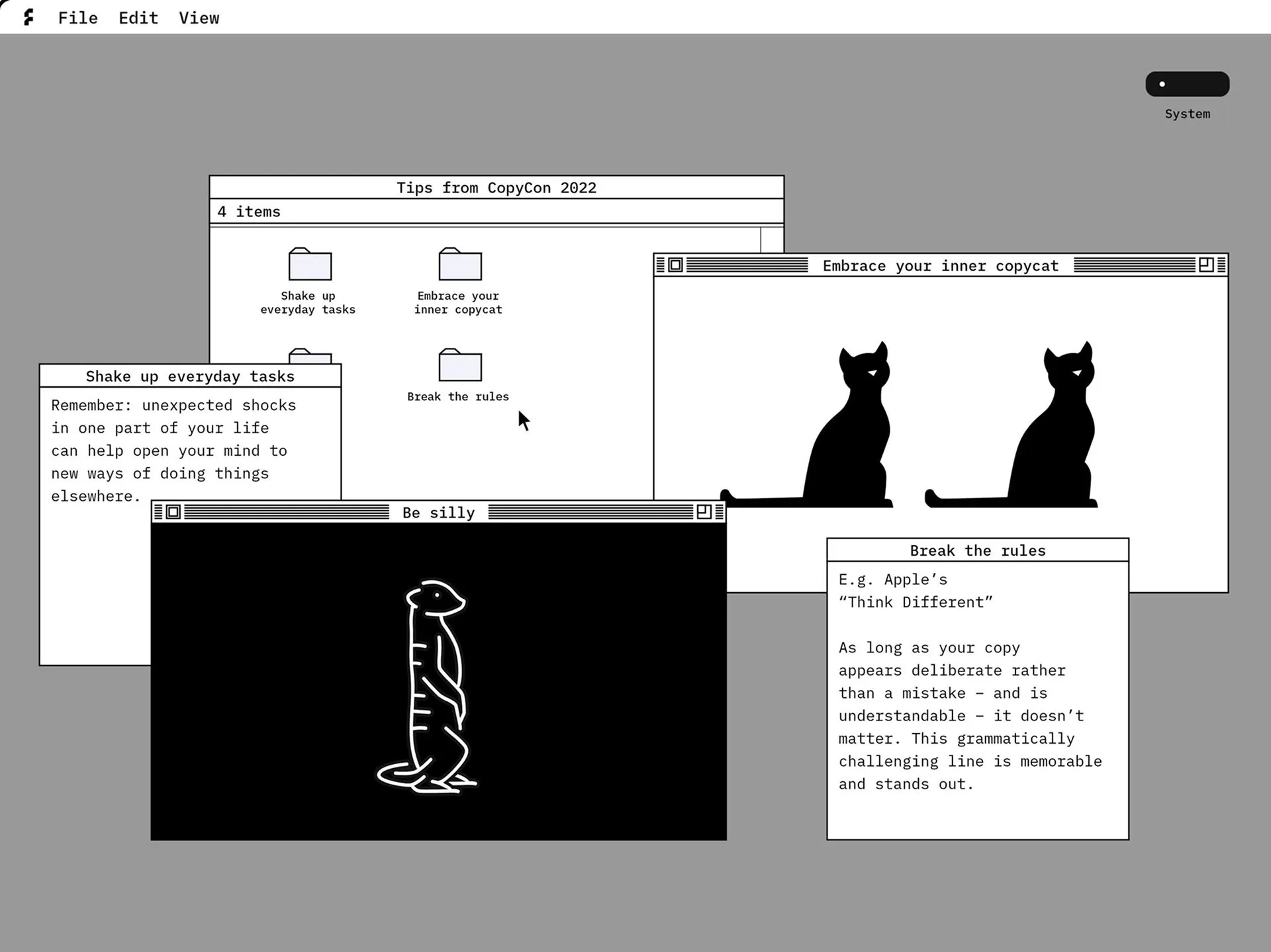 Vintage computer desktop interface with open windows displaying tips from CopyCon 2022, including notes on creativity, two silhouette cats, and a line drawing of a meerkat.