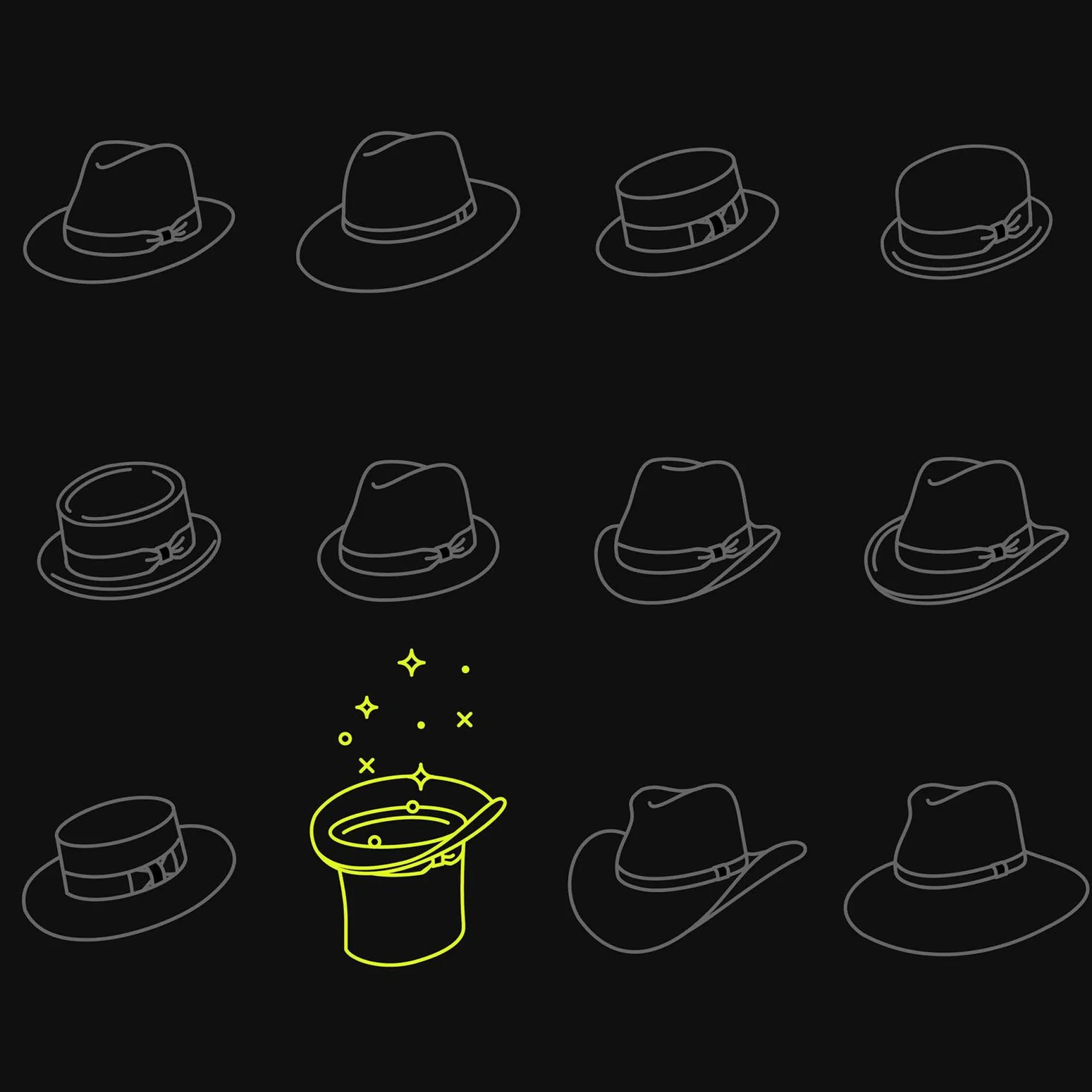 A grid of gray line art hats on a black background, with one glowing yellow upside-down magician's top hat emitting sparkles in the bottom row.